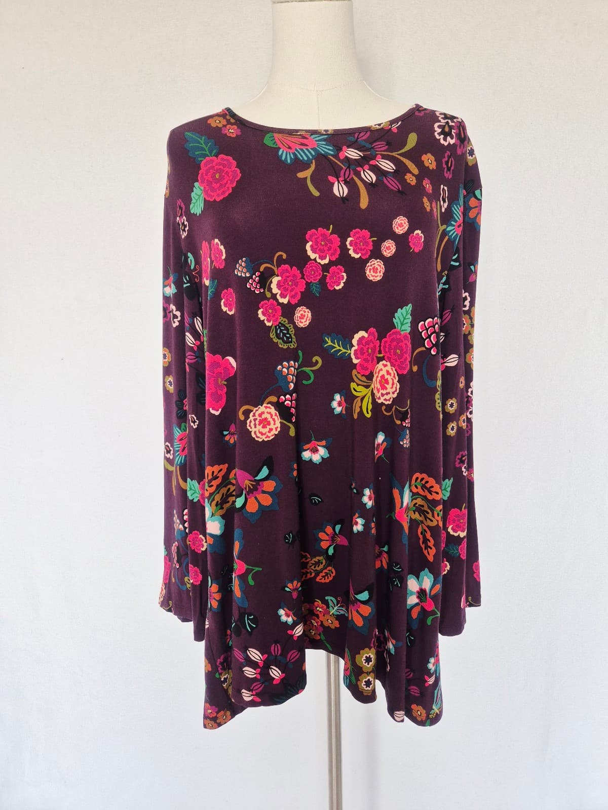 Johnny Was Adrina High Neck Swing Tunic Top Long Bell Sleeve Knit Burgundy Sz.L - Thumbnail 3