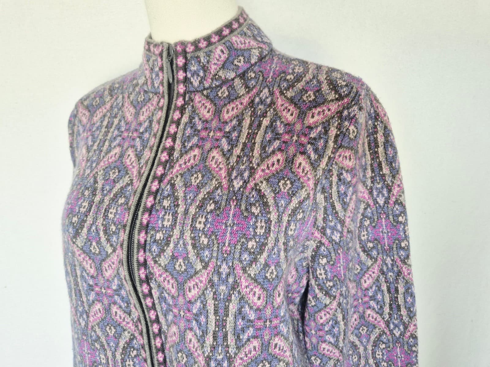 Pendelton Merino Wool Paisley Fair Isle Zip Cardigan Mock Neck Purple Women's L - Thumbnail 6