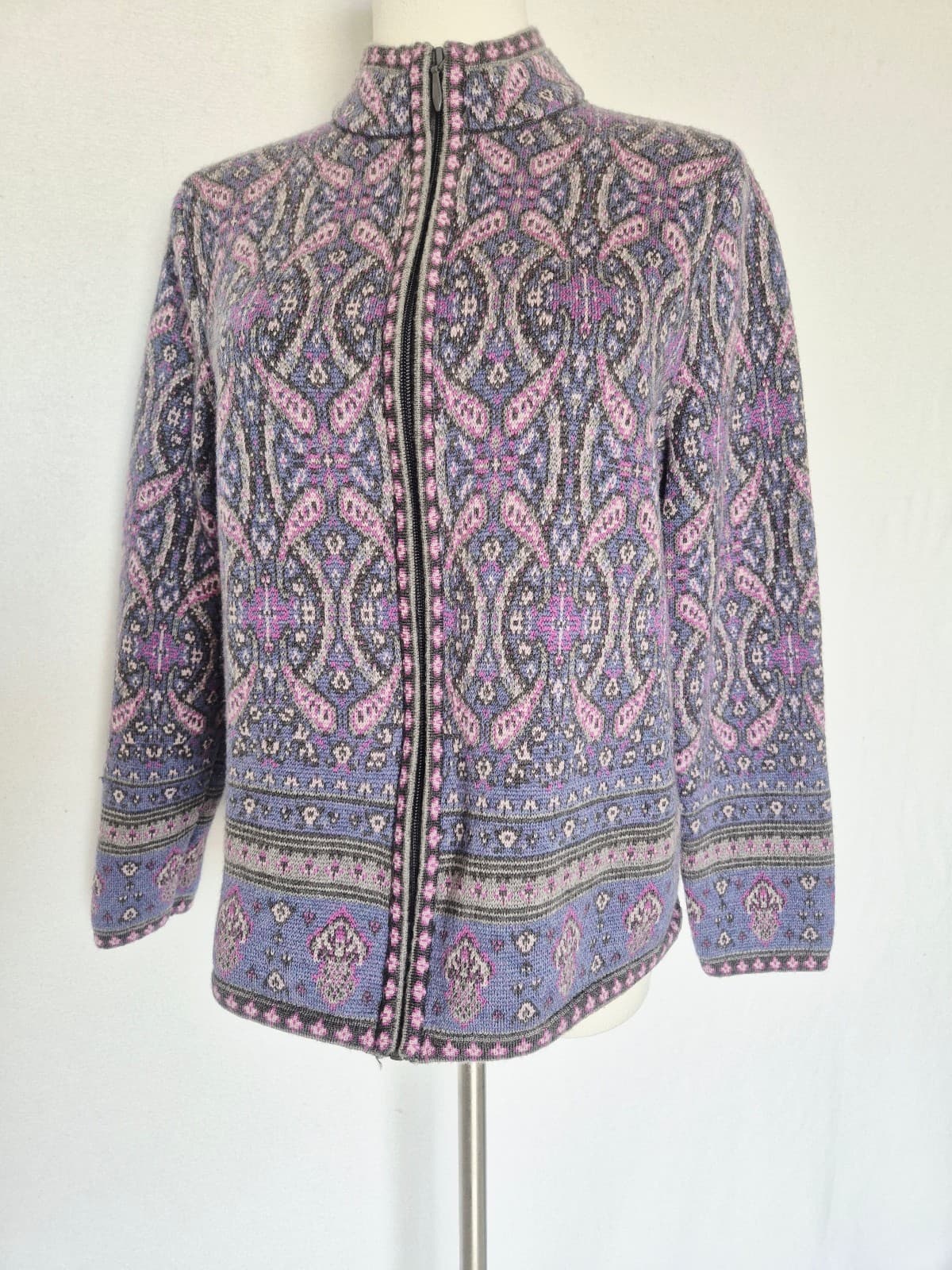 Pendelton Merino Wool Paisley Fair Isle Zip Cardigan Mock Neck Purple Women's L - Thumbnail 2