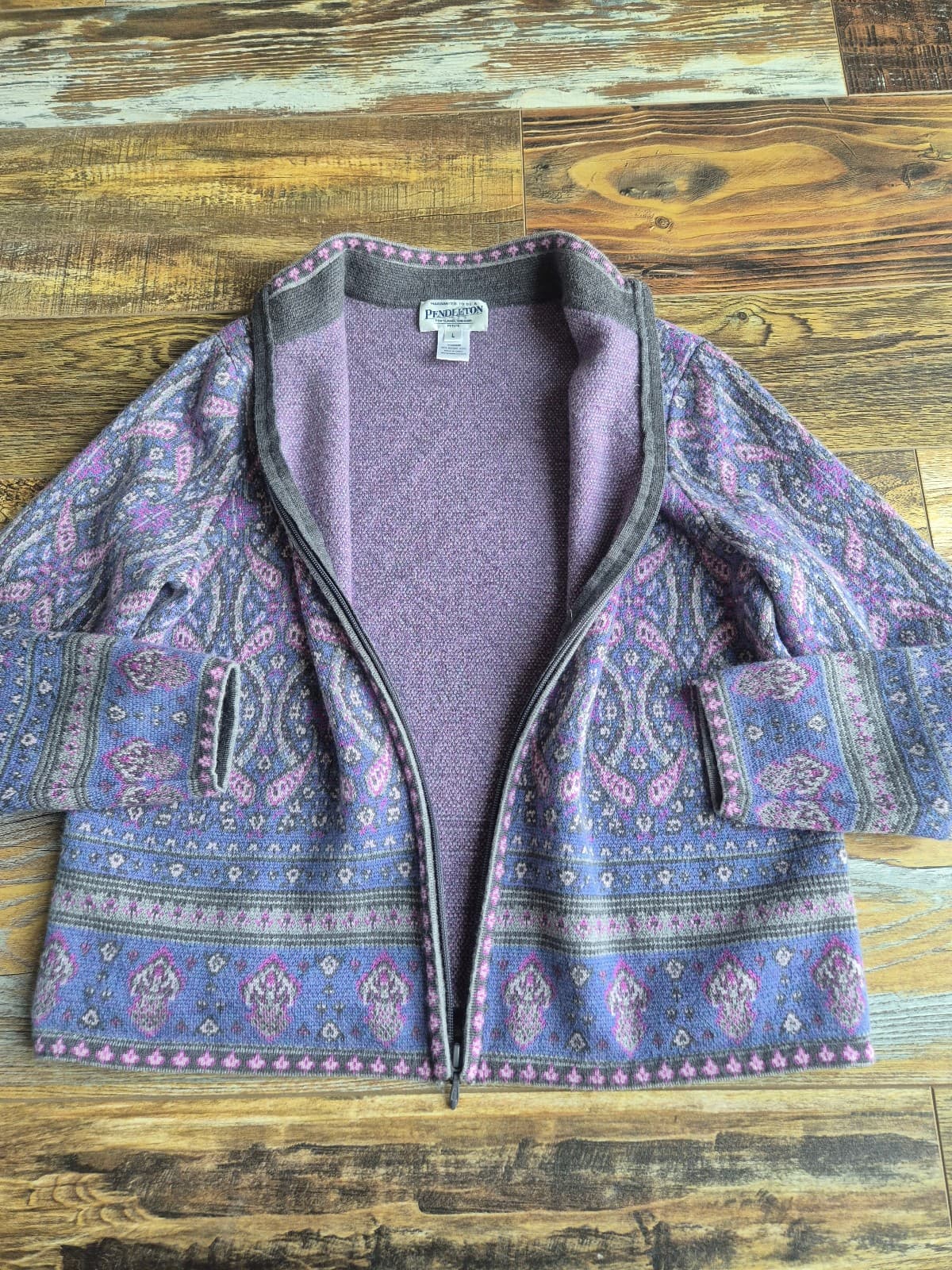 Pendelton Merino Wool Paisley Fair Isle Zip Cardigan Mock Neck Purple Women's L - Thumbnail 10
