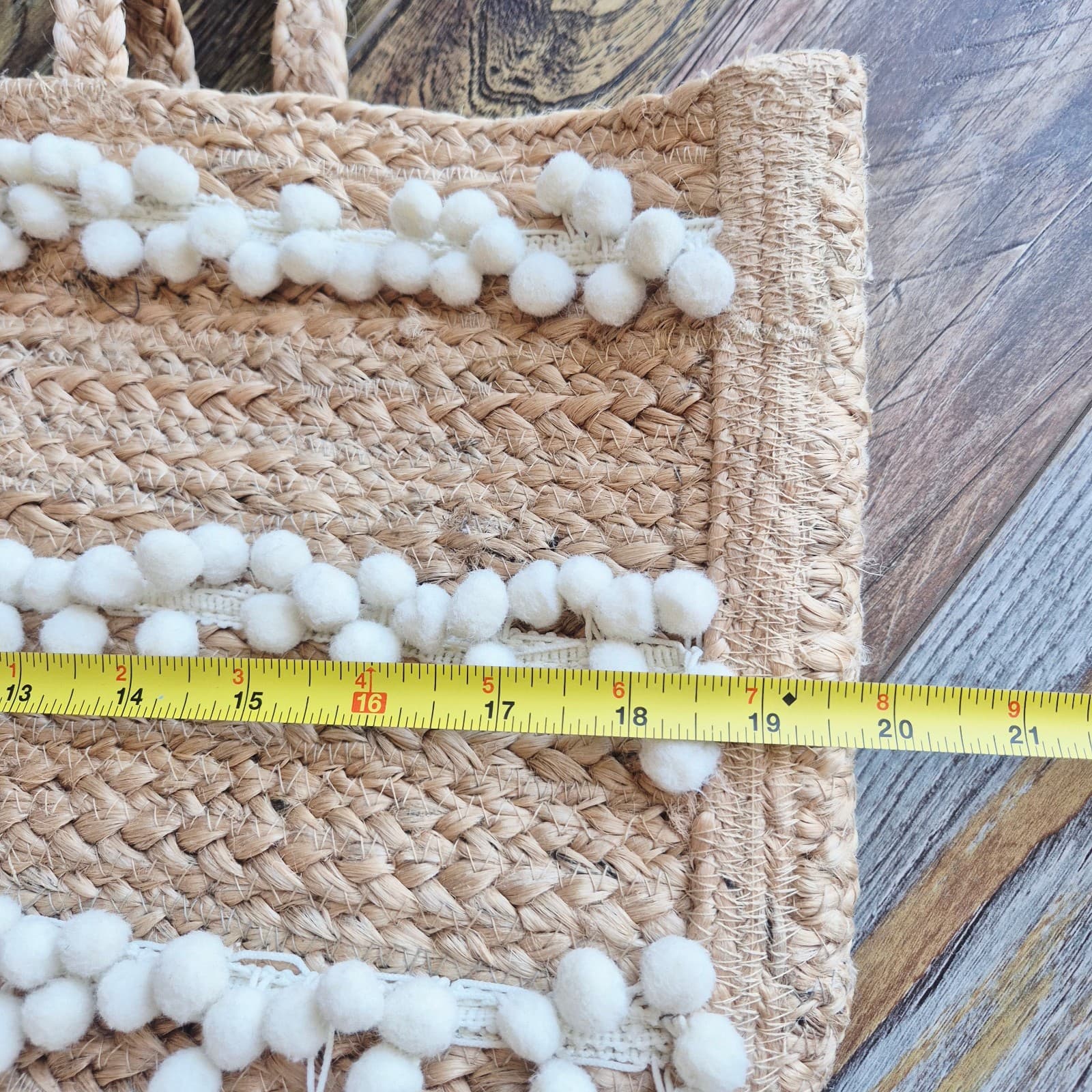 Shiraleah Chicago 100% Jute Summer Beach Tote Bag Horizontal Rows White Pom-Pom - Thumbnail 14