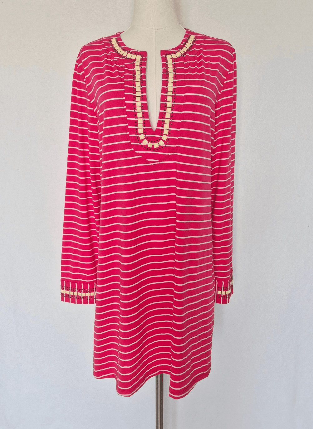 ST. JOHN Silk Blend Studded Beaded Jersey Tunic Top Long Sleeve Stripe Pink Sz.M - Thumbnail 2