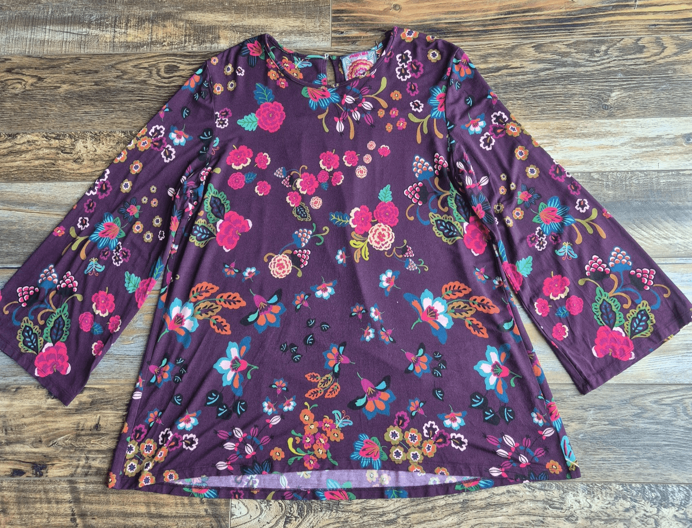 Johnny Was Adrina High Neck Swing Tunic Top Long Bell Sleeve Knit Burgundy Sz.L - Thumbnail 9