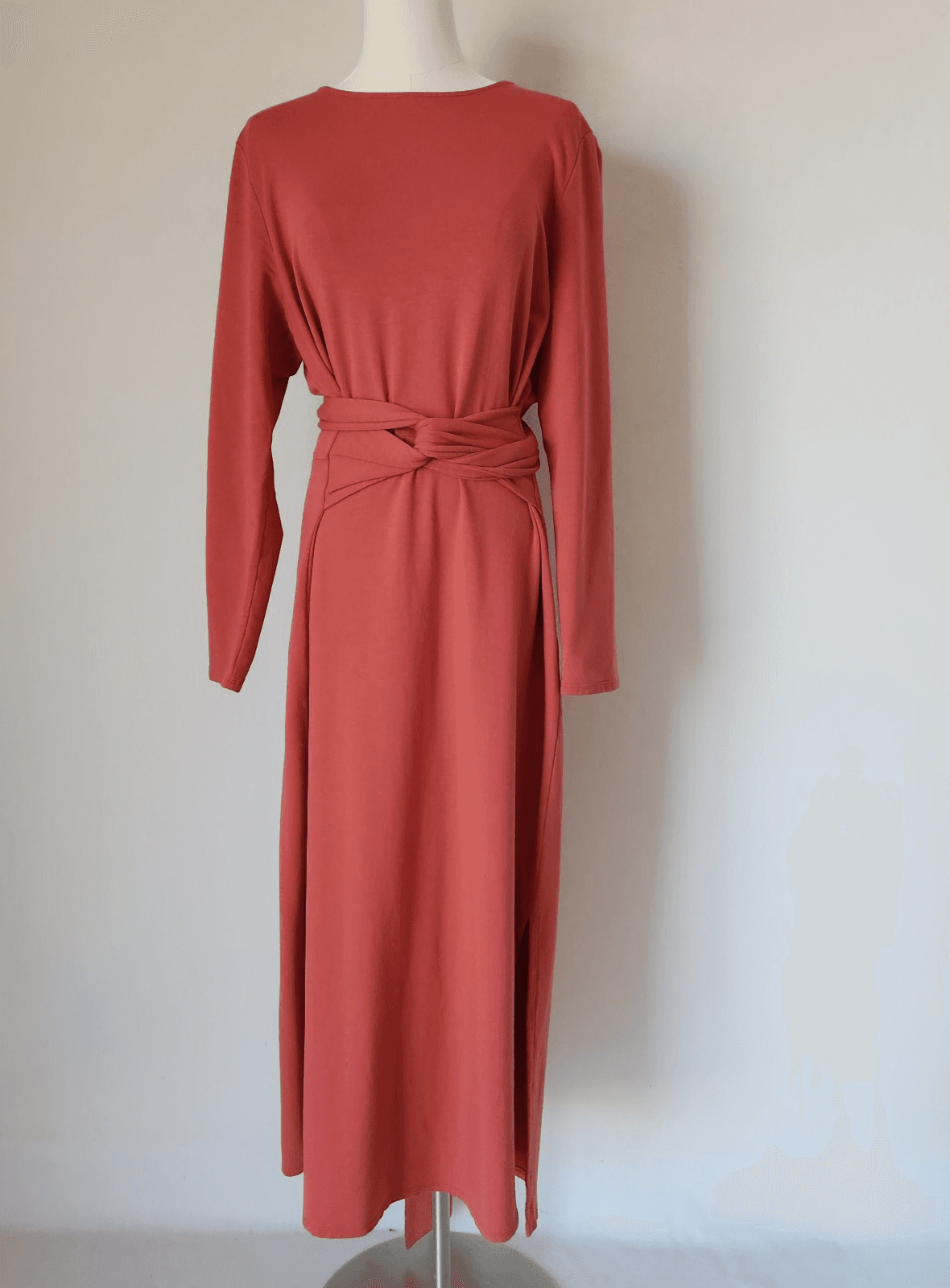 Pure Jill Affinity French Terry Tie-Waist Max Dress Long Sleeve Red Brick Sz.L