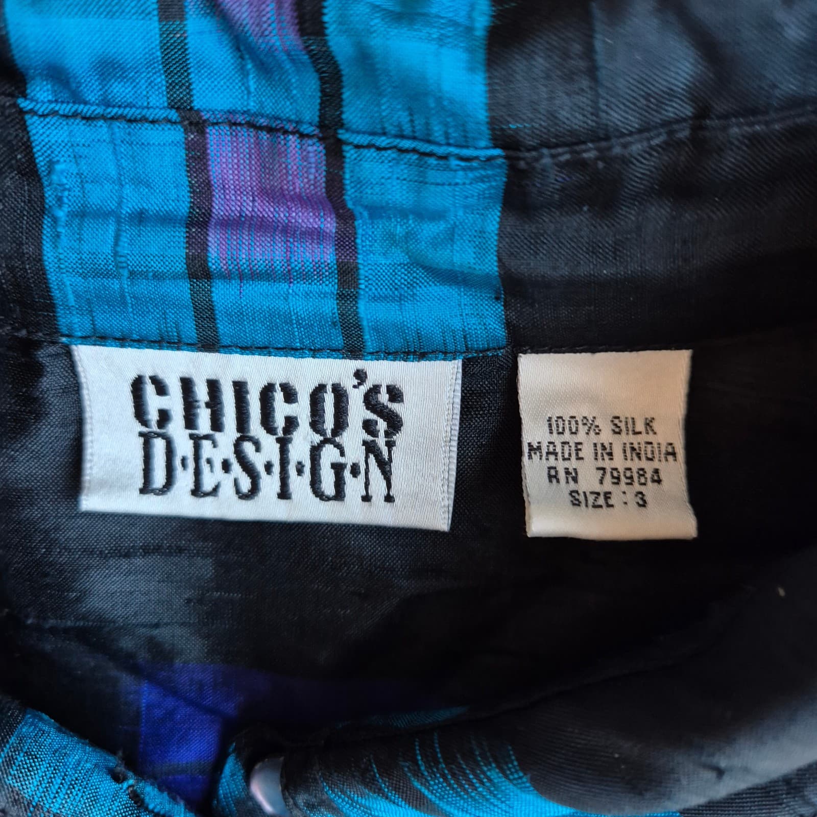 Vintage Chico's Design 100% Silk Geo-Print Boxy Shirt Button-Up Blue Black Sz.3 - Thumbnail 8