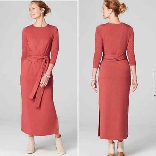 Pure Jill Affinity French Terry Tie-Waist Max Dress Long Sleeve Red Brick Sz.L - Thumbnail 2