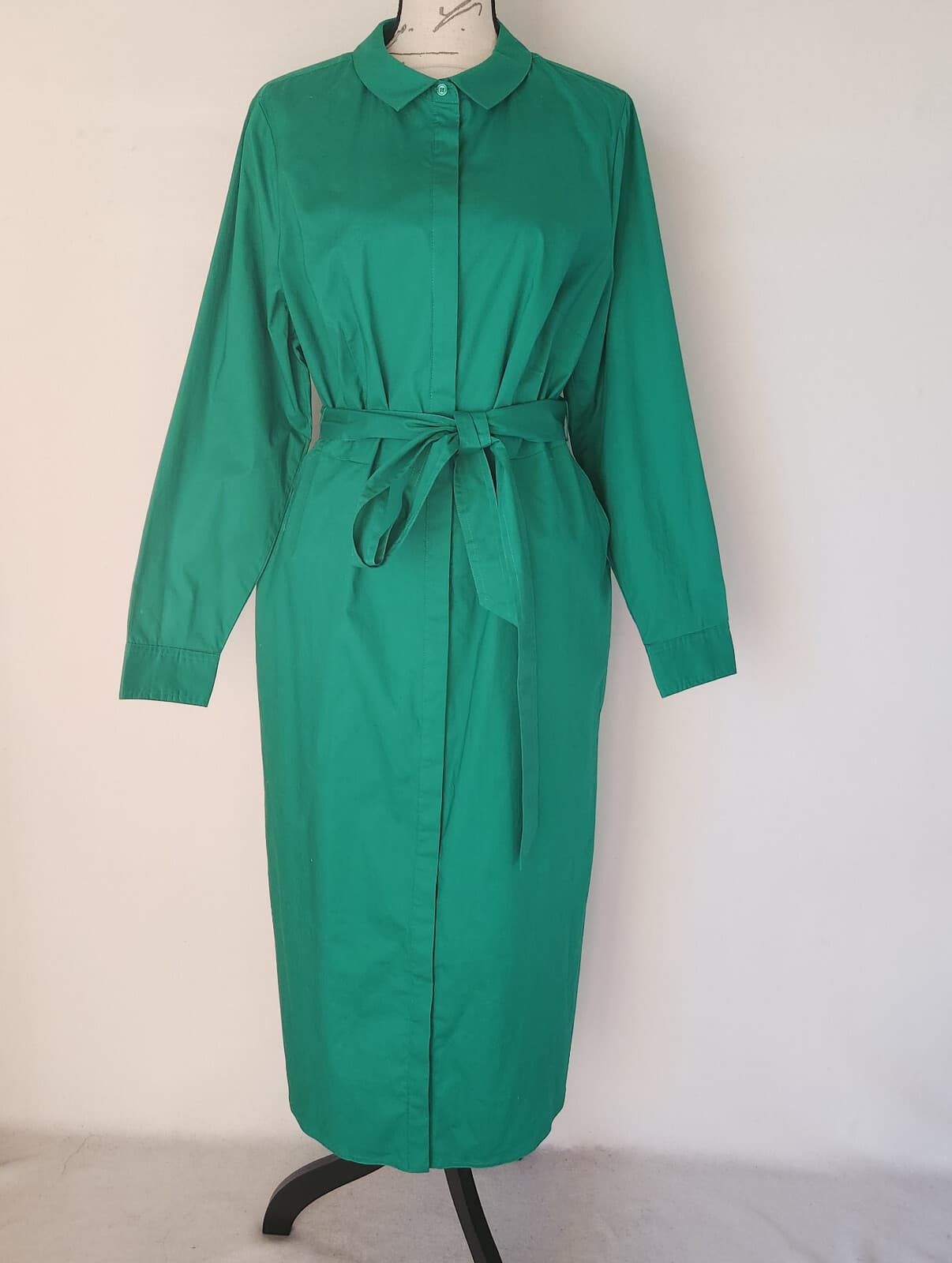 Boden Midi Shirt Dress Long Sleeve Button Tie-Belt Pocket Stretch Green Sz.16L - Thumbnail 3