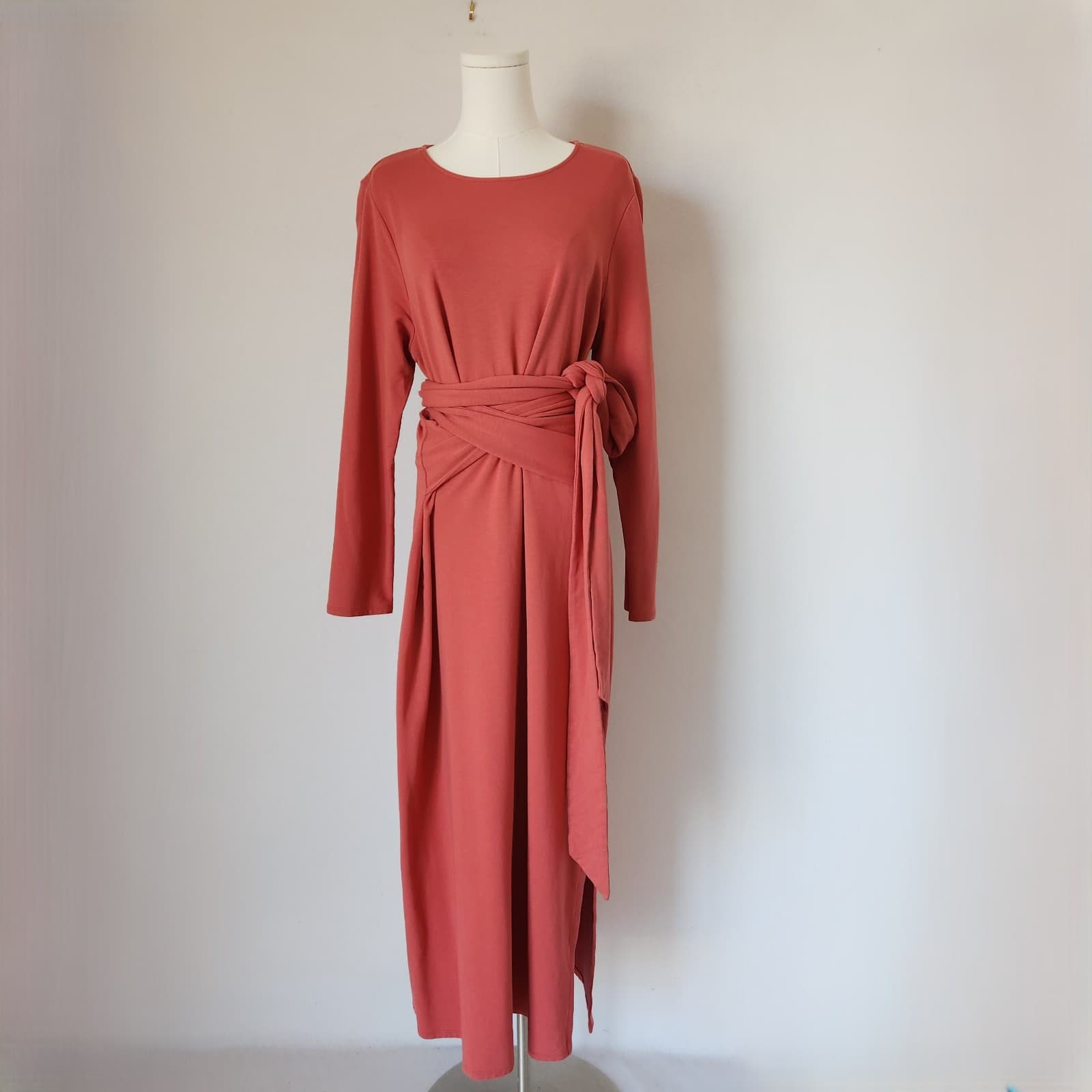Pure Jill Affinity French Terry Tie-Waist Max Dress Long Sleeve Red Brick Sz.L - Thumbnail 4