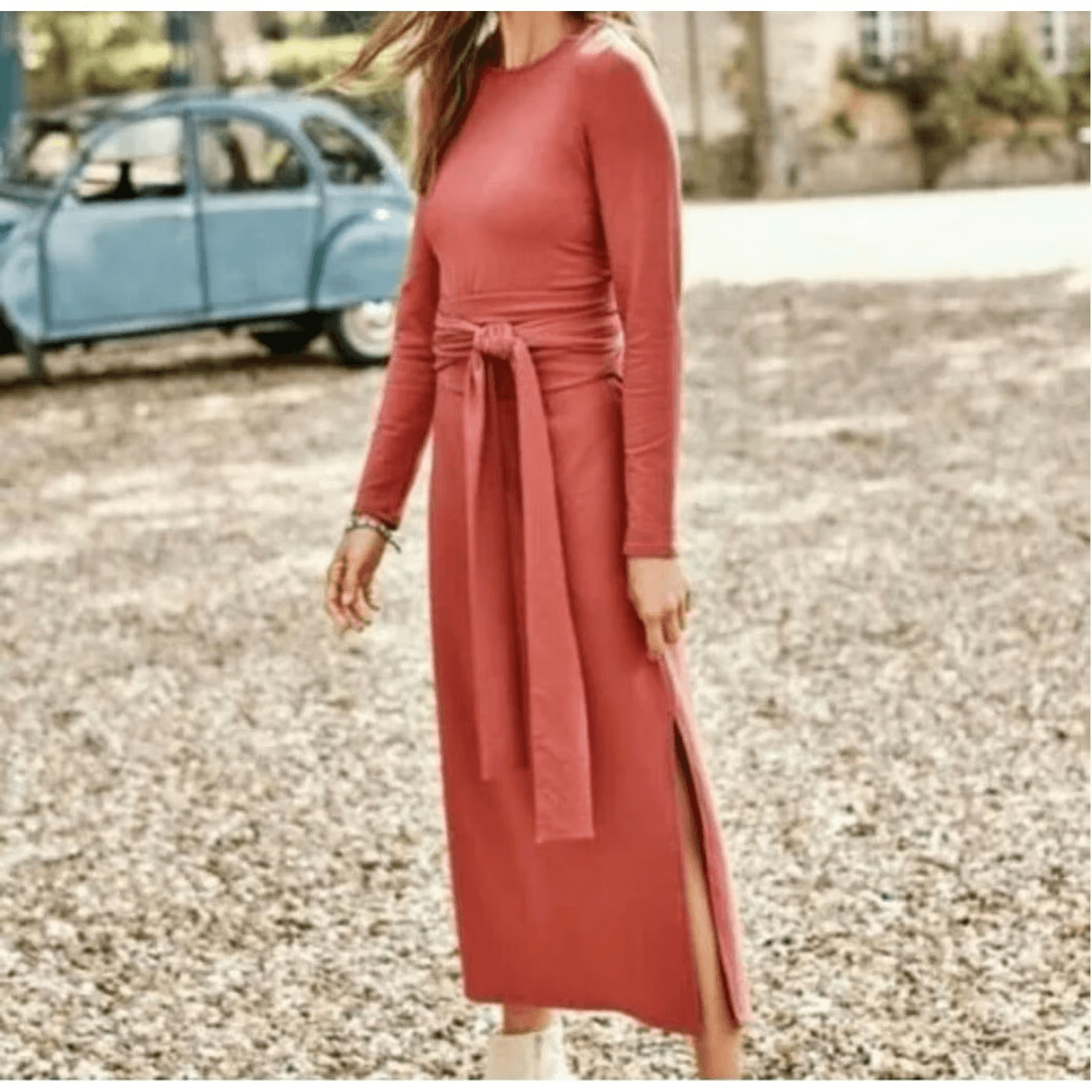 Pure Jill Affinity French Terry Tie-Waist Max Dress Long Sleeve Red Brick Sz.L - Thumbnail 3