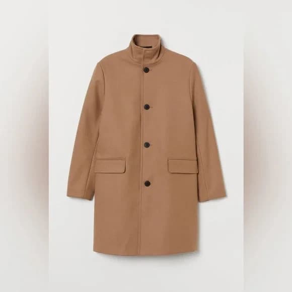 NWoT H&M Man's 42R Wool Blend Peacoat Overcoat Funnel Neck Button Pocket Camel - Thumbnail 3