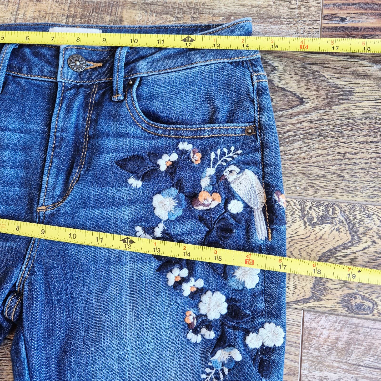 Driftwool Jackie Floral Bird Embroidered Skinny Ankle Jeans Zip Blue Women's 26 - Thumbnail 11