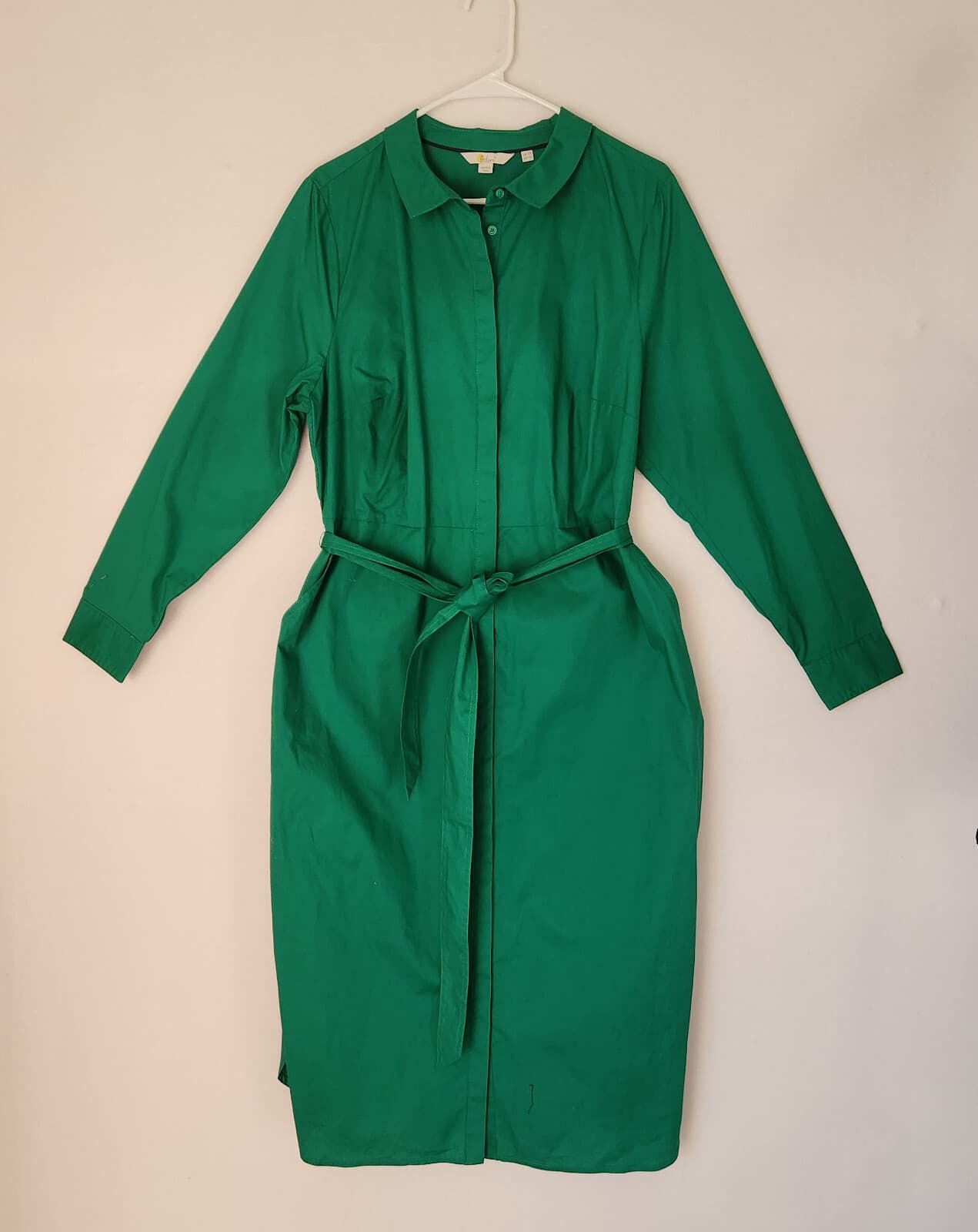 Boden Midi Shirt Dress Long Sleeve Button Tie-Belt Pocket Stretch Green Sz.16L - Thumbnail 2
