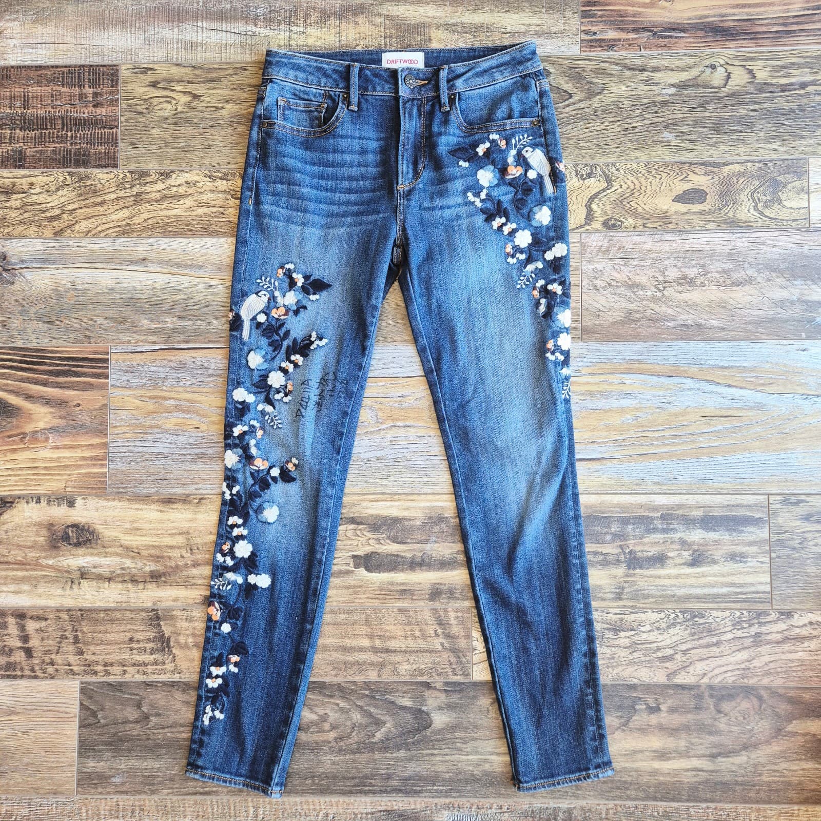 Driftwool Jackie Floral Bird Embroidered Skinny Ankle Jeans Zip Blue Women's 26 - Thumbnail 2