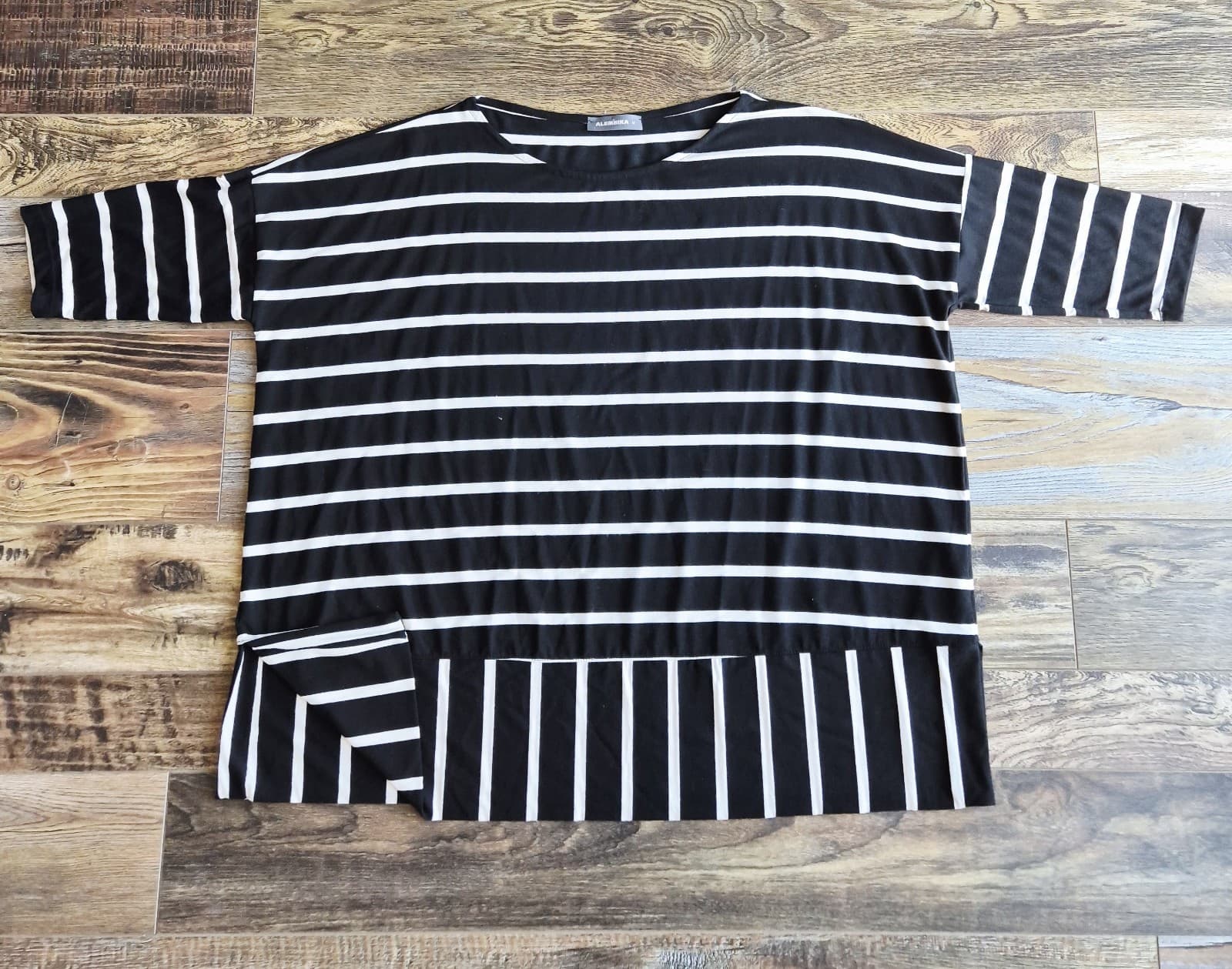 ALEMBIKA Jersey Stripe Oversize Tunic Boxy Top 3/4 Sleeve Black White Women's M - Thumbnail 3