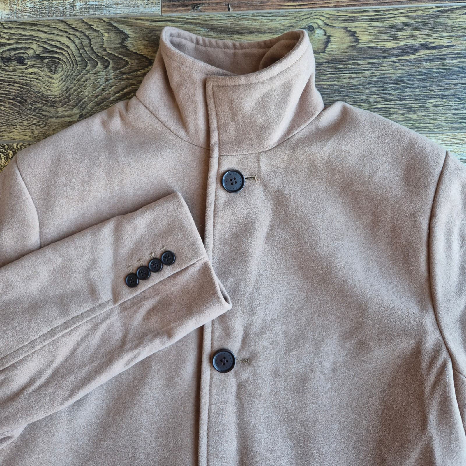 NWoT H&M Man's 42R Wool Blend Peacoat Overcoat Funnel Neck Button Pocket Camel - Thumbnail 2
