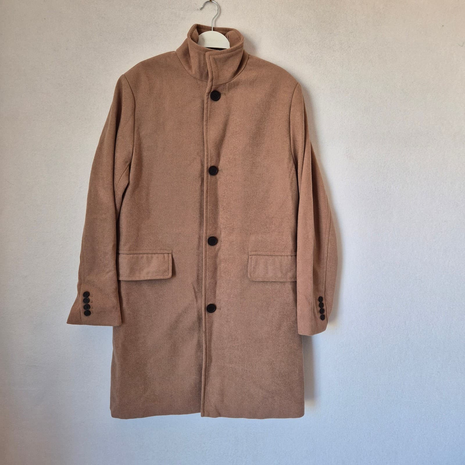 NWoT H&M Man's 42R Wool Blend Peacoat Overcoat Funnel Neck Button Pocket Camel - Thumbnail 4