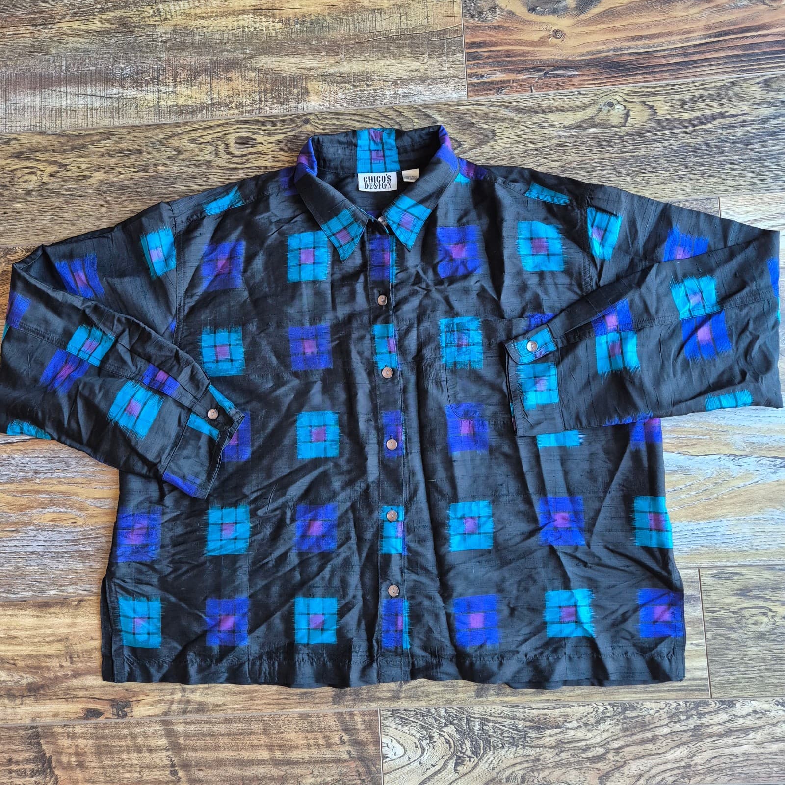 Vintage Chico's Design 100% Silk Geo-Print Boxy Shirt Button-Up Blue Black Sz.3 - Thumbnail 5