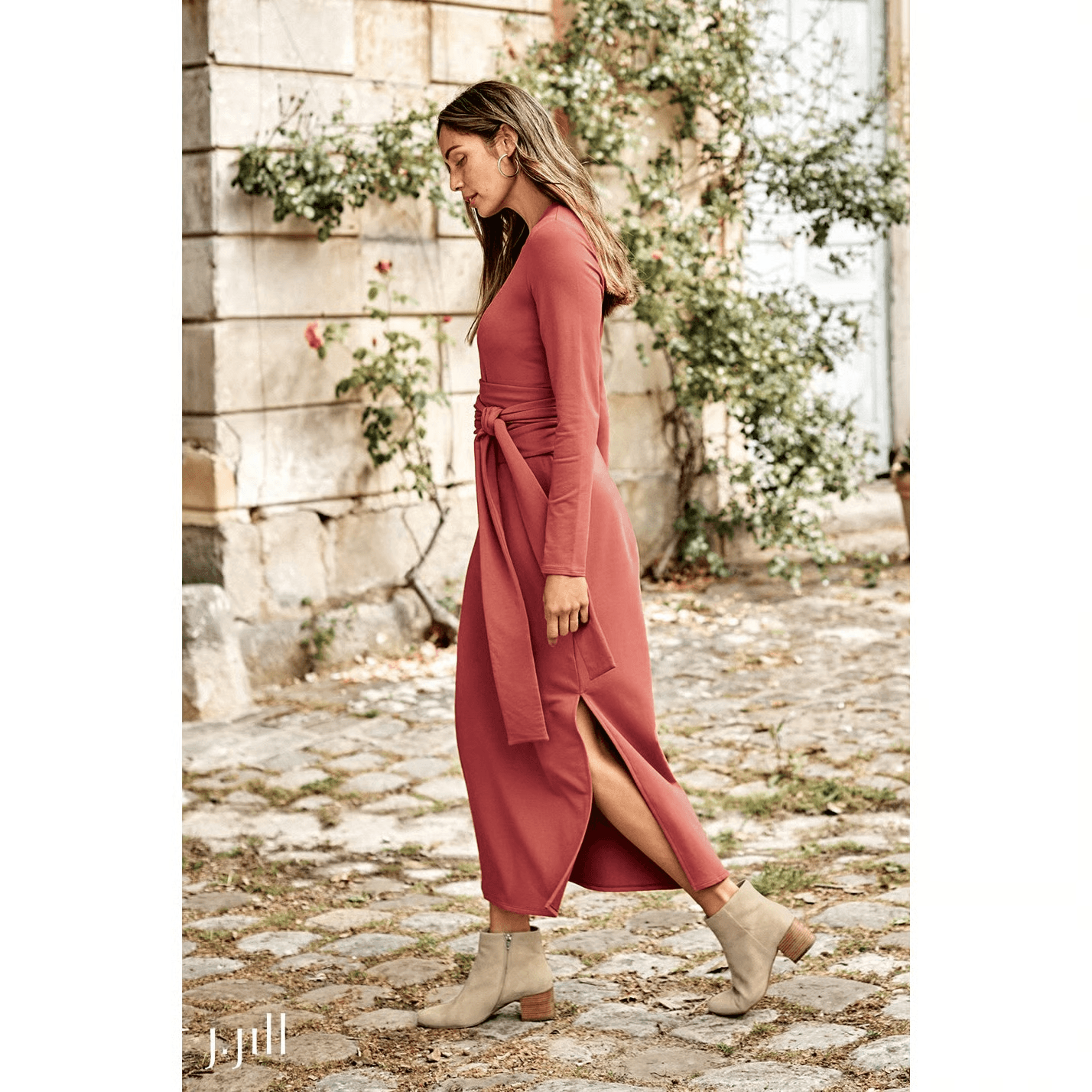 Pure Jill Affinity French Terry Tie-Waist Max Dress Long Sleeve Red Brick Sz.L - Thumbnail 5