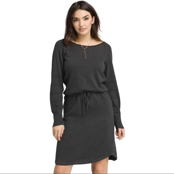 NWT Prana Leigh Organic Cotton Sweater Dress Drop Waist Drawstring Black Women M - Thumbnail 2