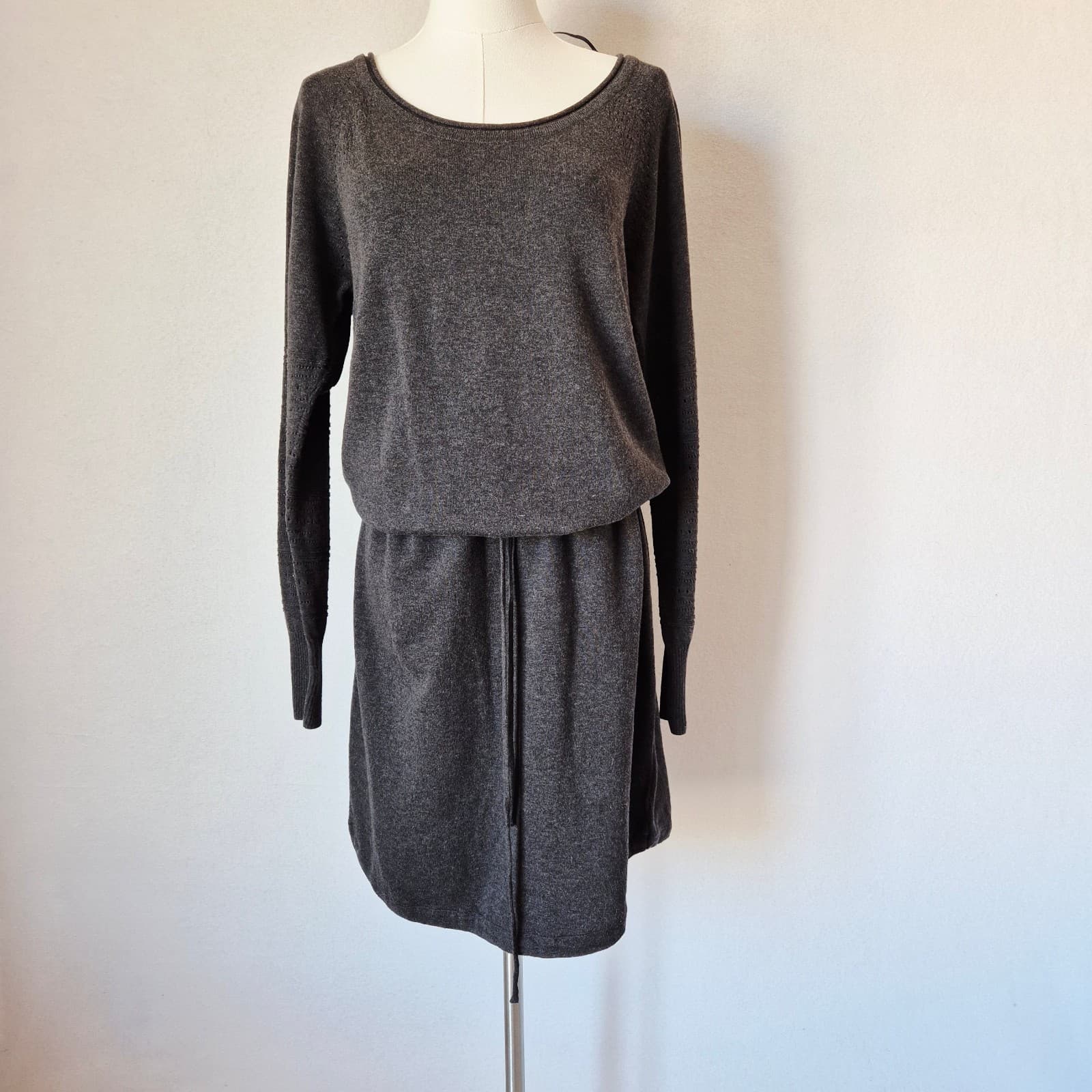 NWT Prana Leigh Organic Cotton Sweater Dress Drop Waist Drawstring Black Women M - Thumbnail 3