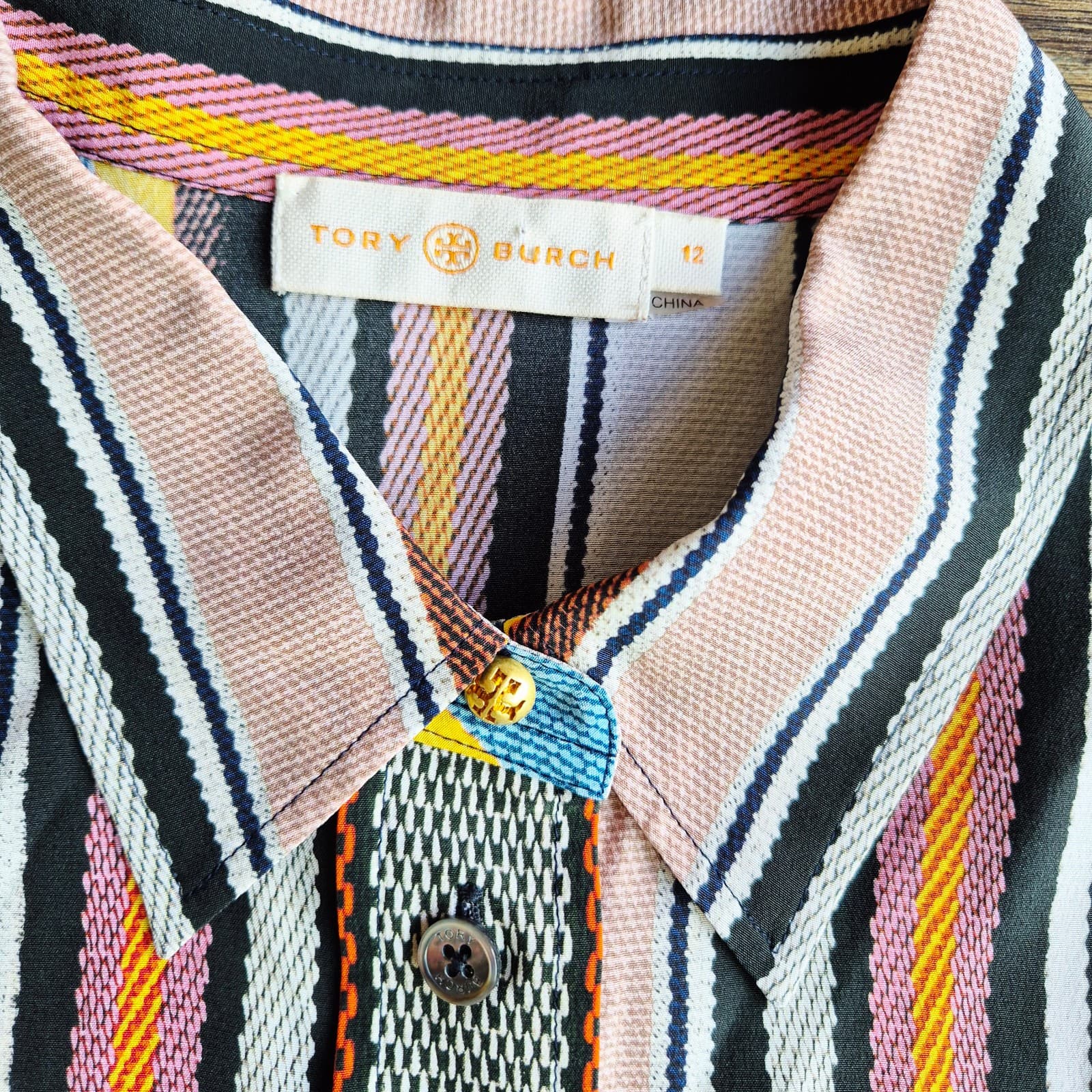 Tory Burch Silk Multicolor Striped Button-Up Shirt Long Sleeve Women's 12 - Thumbnail 9