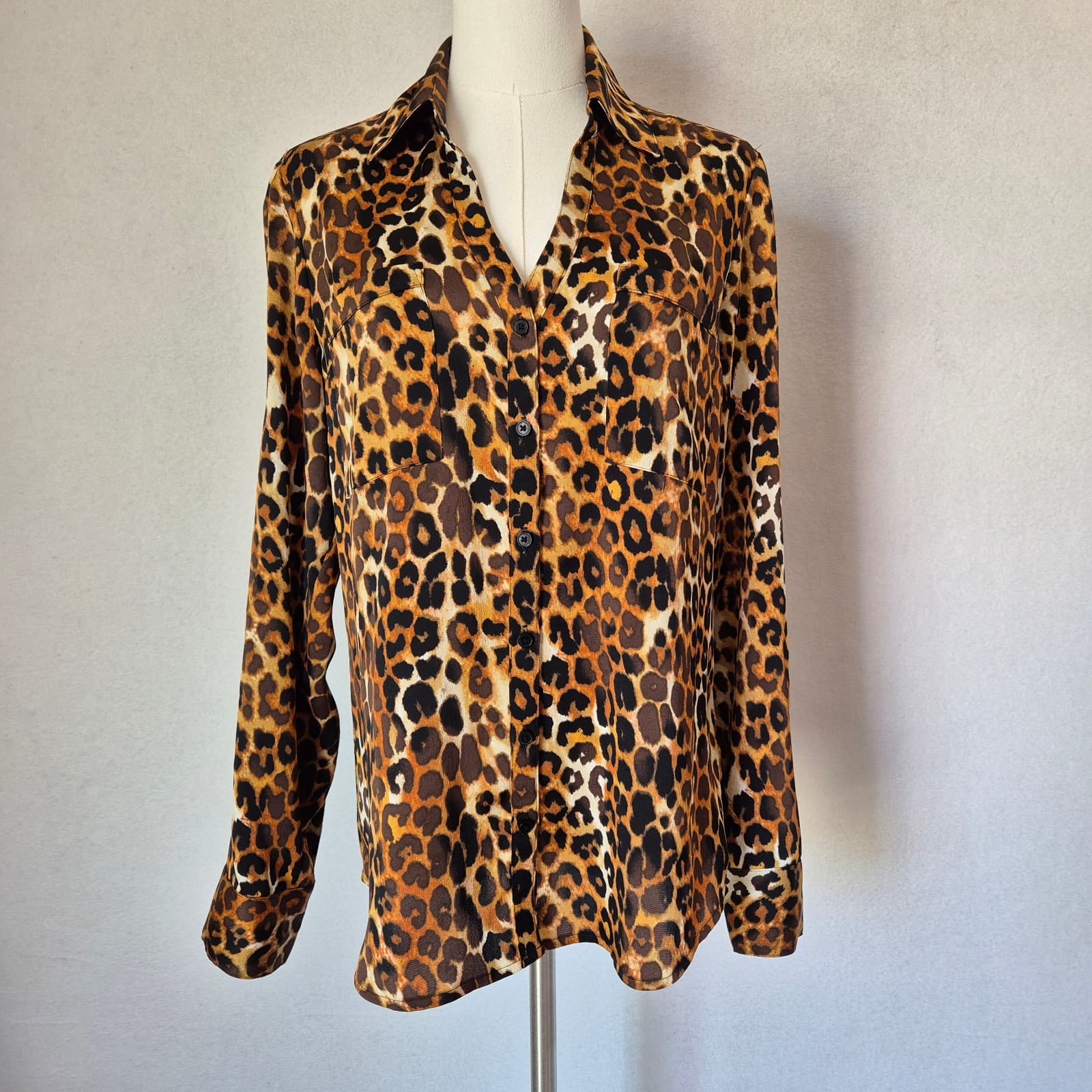 EXPRESS Portofino Leopard Chiffon Slim Fit Shirt Roll Tap Sleeve Brown Women's M - Thumbnail 2