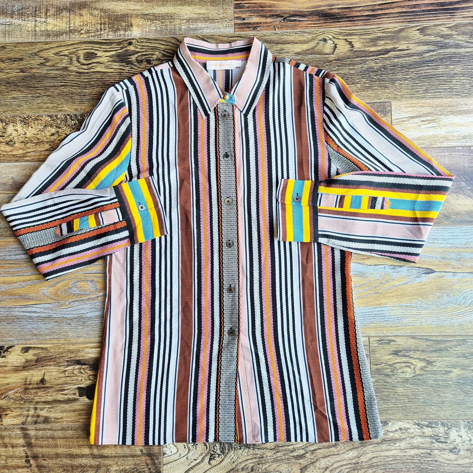 Tory Burch Silk Multicolor Striped Button-Up Shirt Long Sleeve Women's 12 - Thumbnail 4
