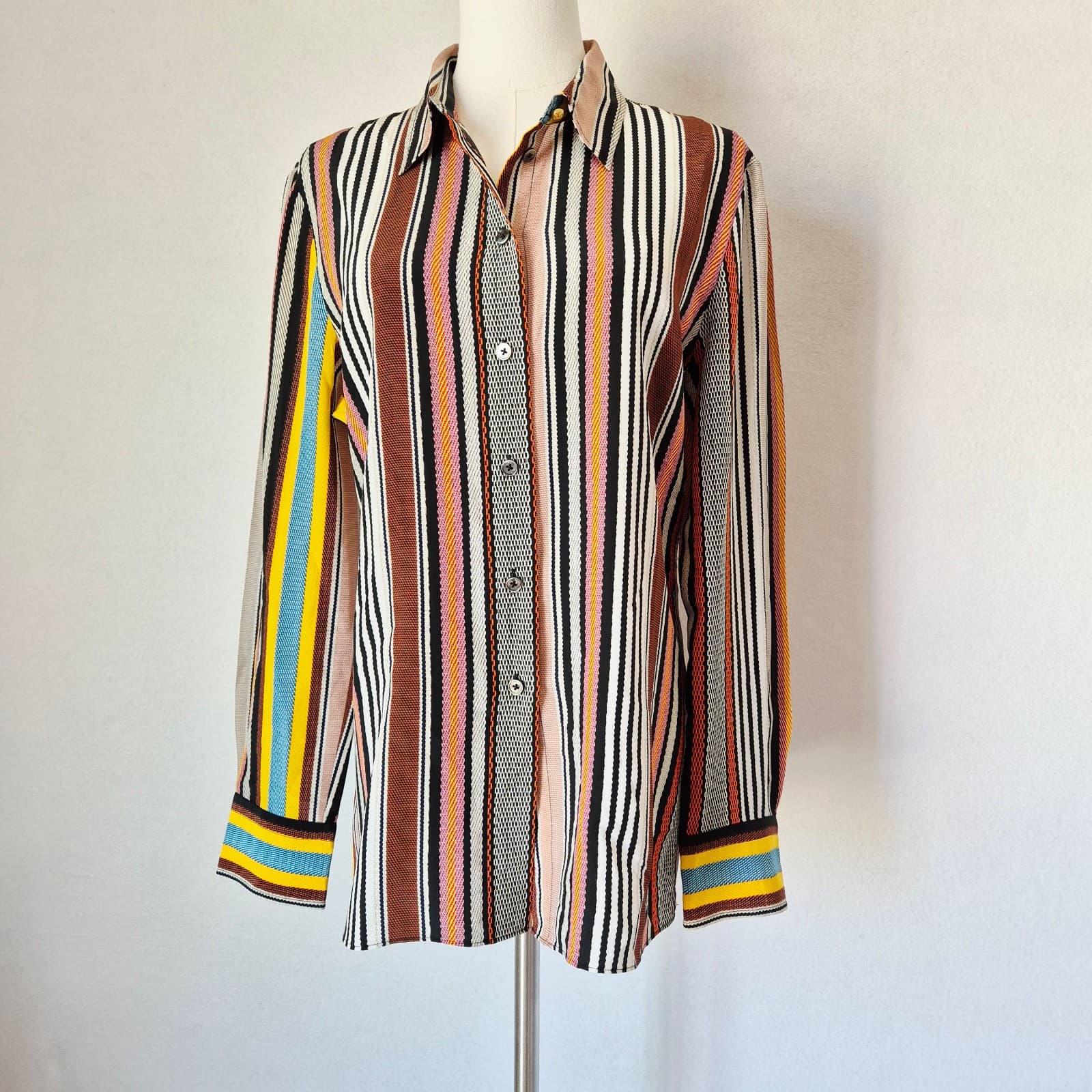 Tory Burch Silk Multicolor Striped Button-Up Shirt Long Sleeve Women's 12 - Thumbnail 2