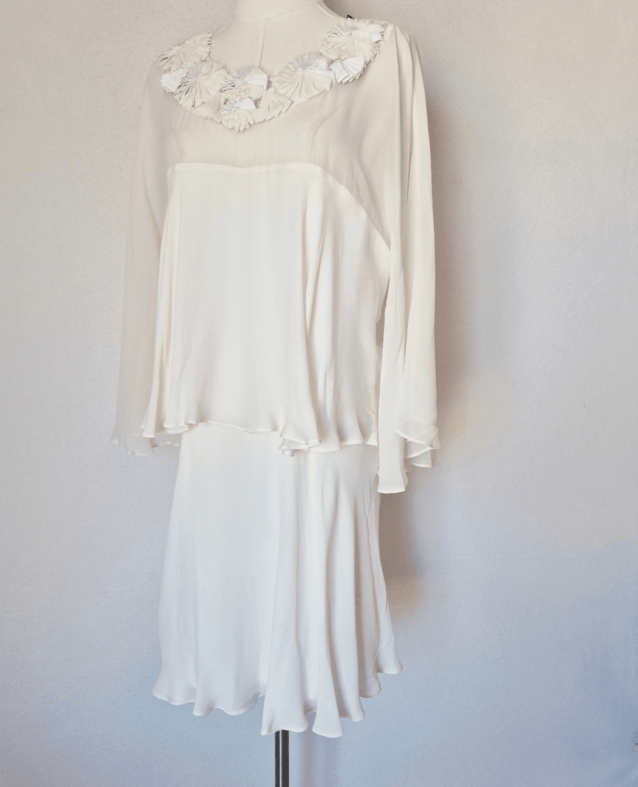 NWoT BCBGMaxazria 100% Silk Party Evening Sheer Chiffon Mini Dress Ivory Sz.L - Thumbnail 3