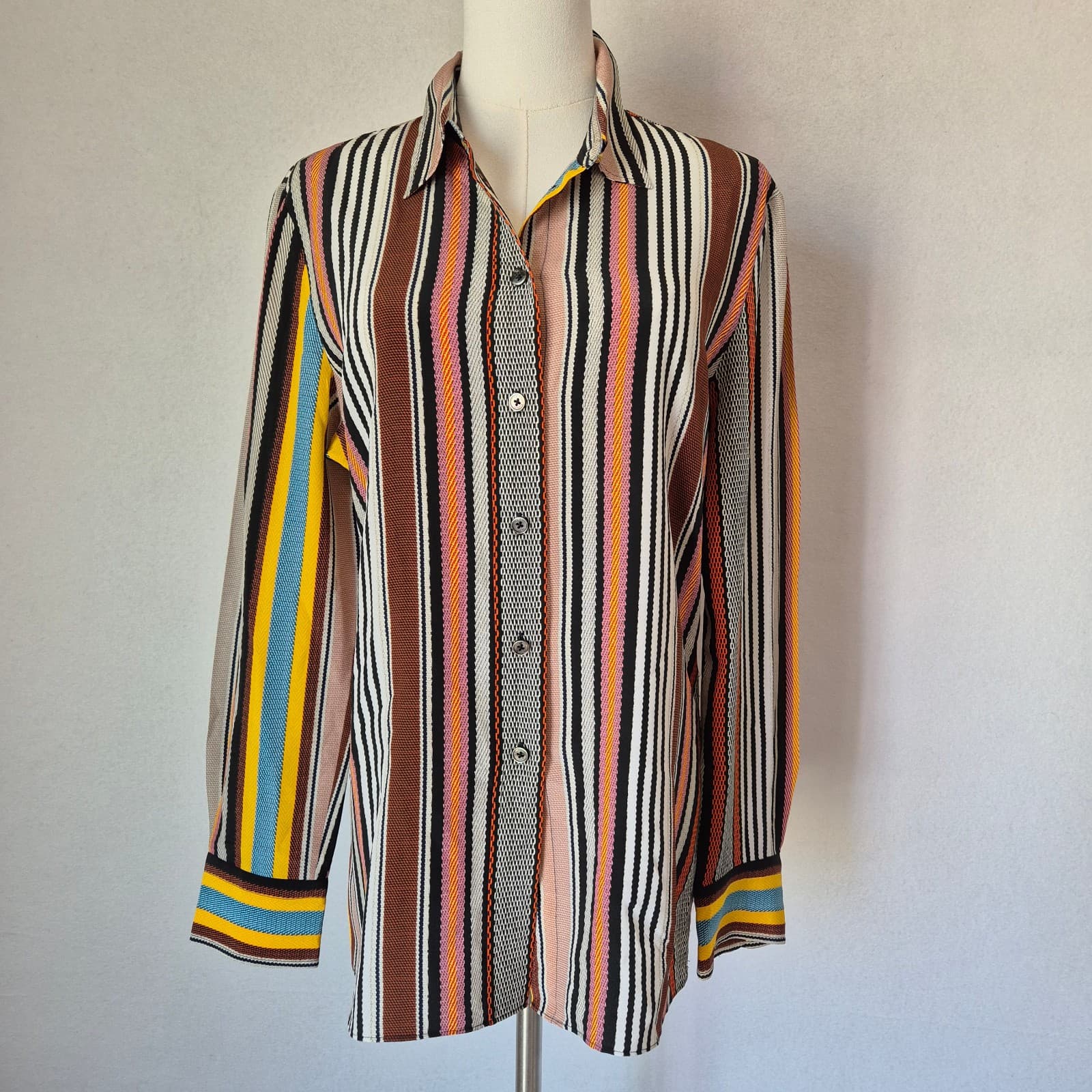 Tory Burch Silk Multicolor Striped Button-Up Shirt Long Sleeve Women's 12 - Thumbnail 3