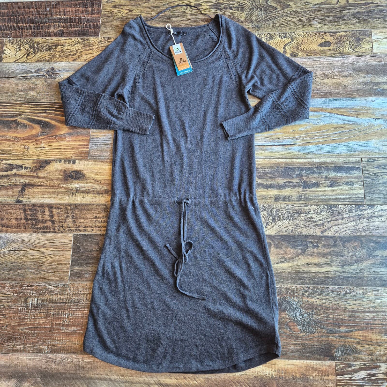 NWT Prana Leigh Organic Cotton Sweater Dress Drop Waist Drawstring Black Women M - Thumbnail 11