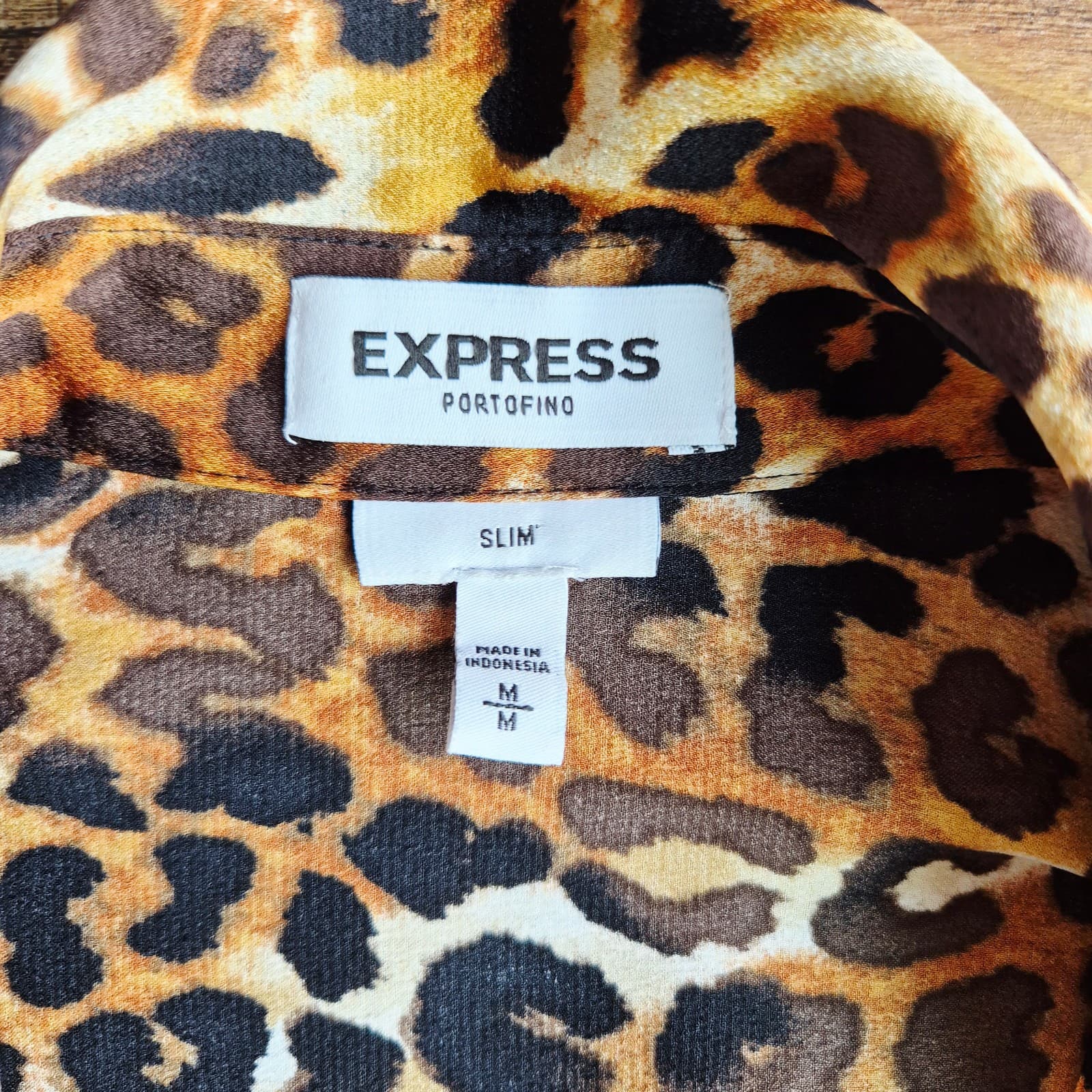 EXPRESS Portofino Leopard Chiffon Slim Fit Shirt Roll Tap Sleeve Brown Women's M - Thumbnail 8