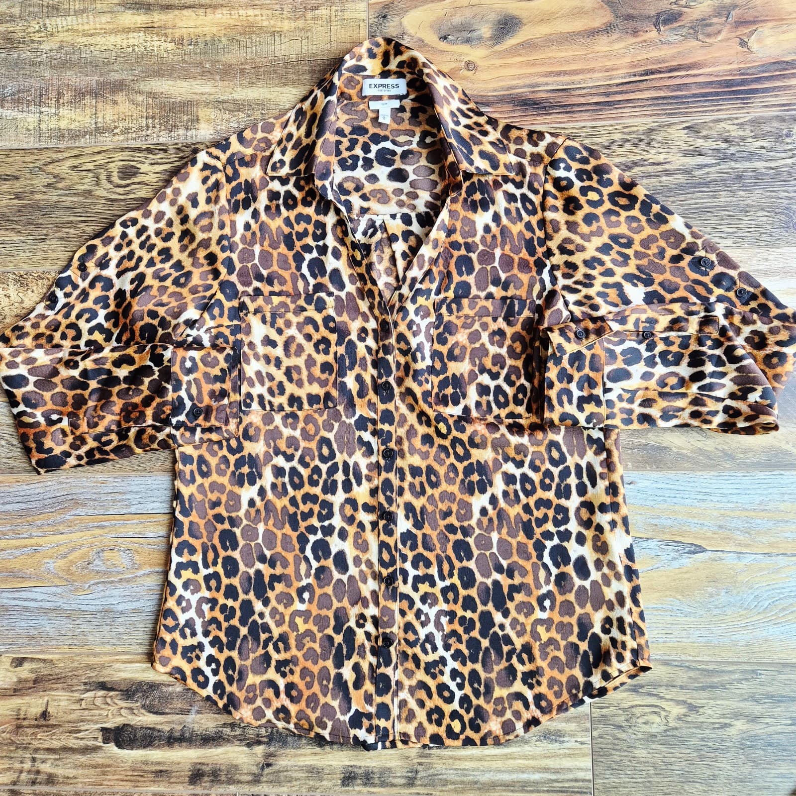 EXPRESS Portofino Leopard Chiffon Slim Fit Shirt Roll Tap Sleeve Brown Women's M - Thumbnail 3