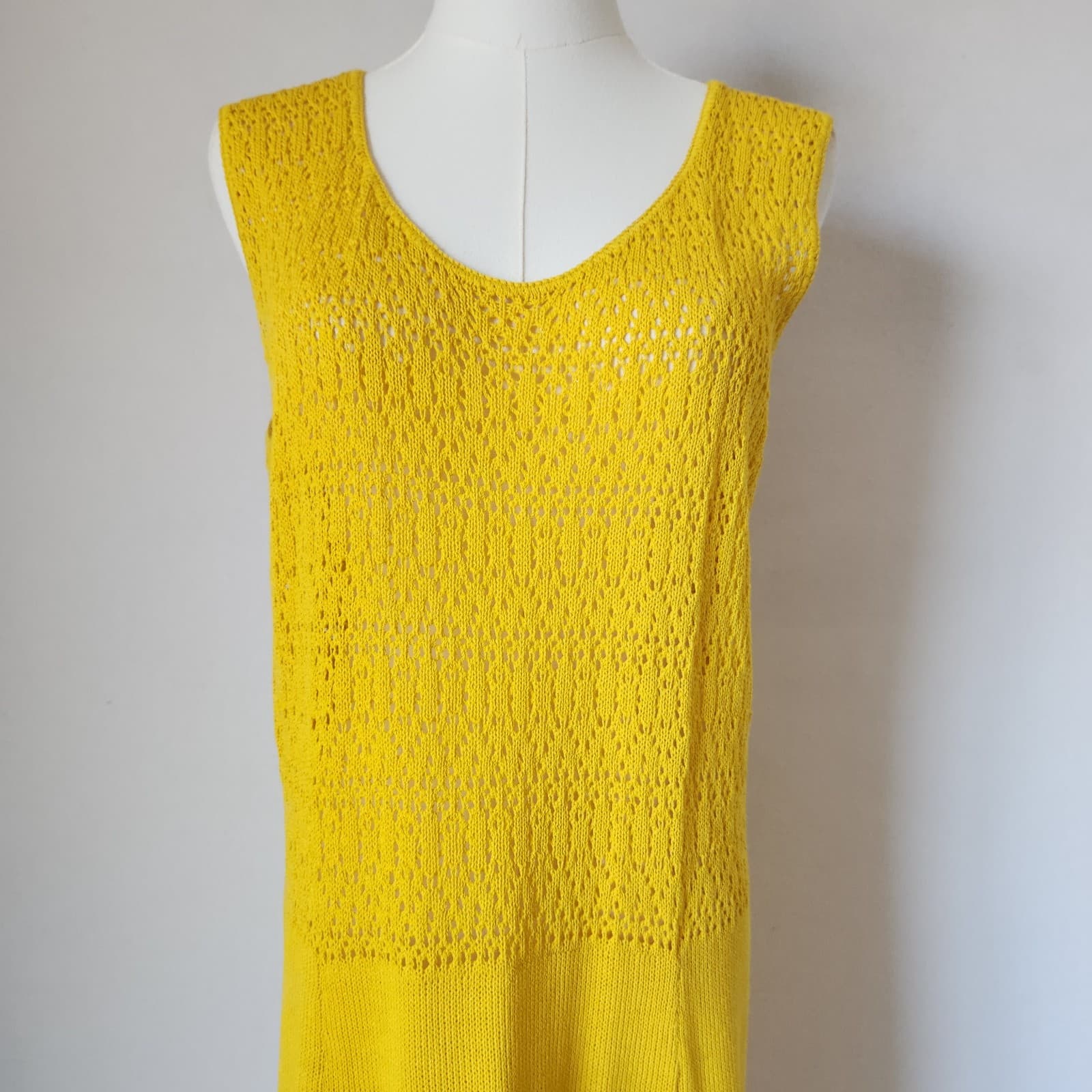 Vintage Made in USA Wool Blend Crochet Knit Midi Dress Sleeveless Yellow Sz.16 - Thumbnail 3