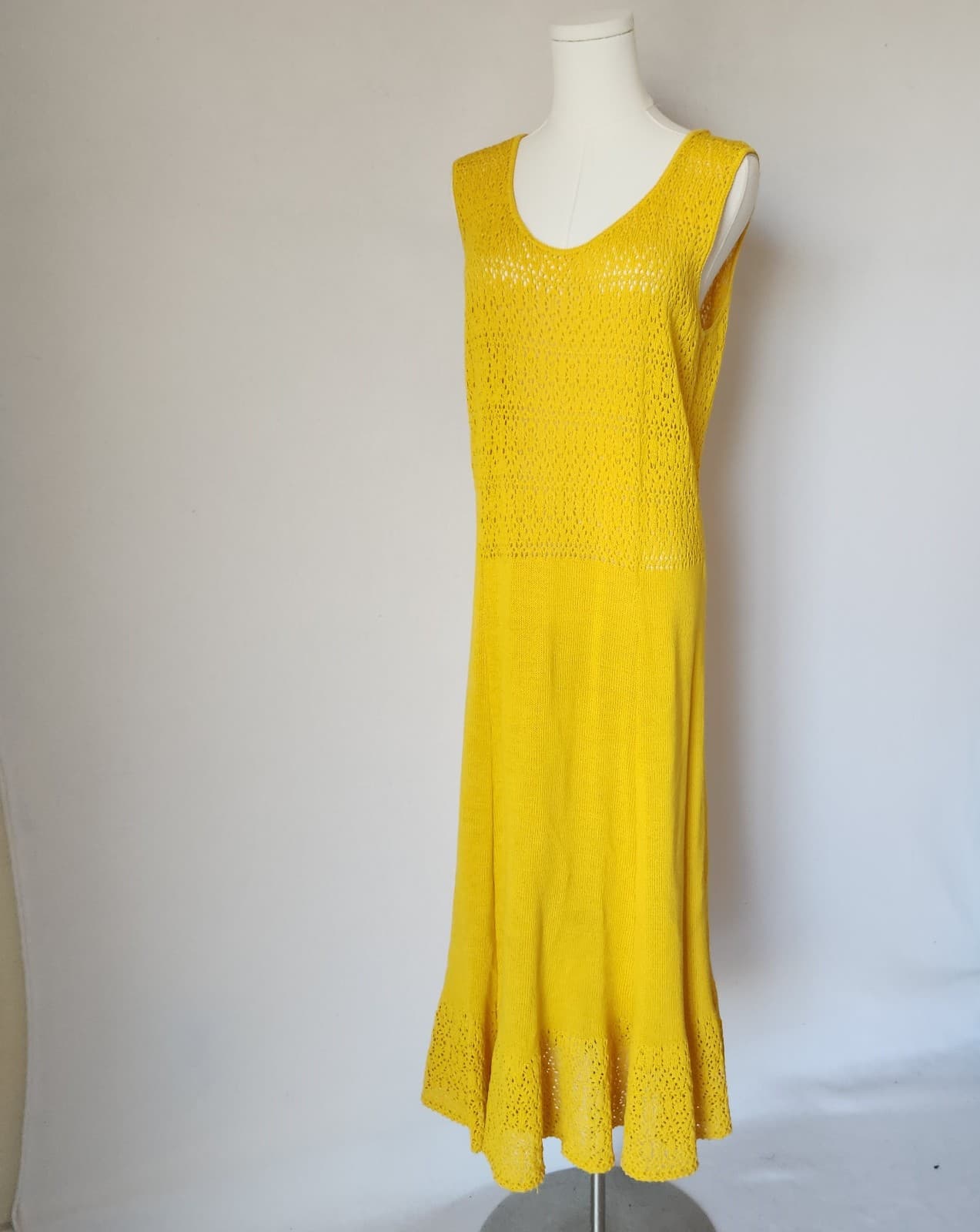 Vintage Made in USA Wool Blend Crochet Knit Midi Dress Sleeveless Yellow Sz.16 - Thumbnail 4