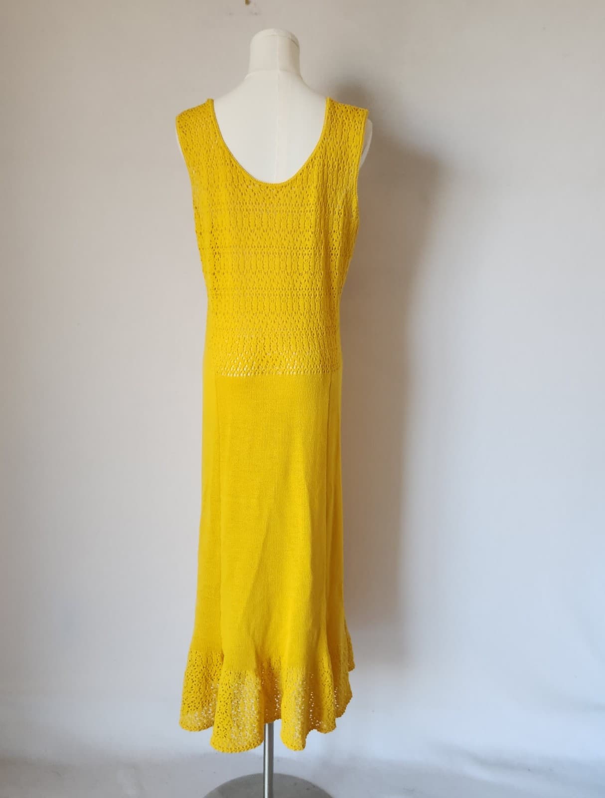 Vintage Made in USA Wool Blend Crochet Knit Midi Dress Sleeveless Yellow Sz.16 - Thumbnail 7