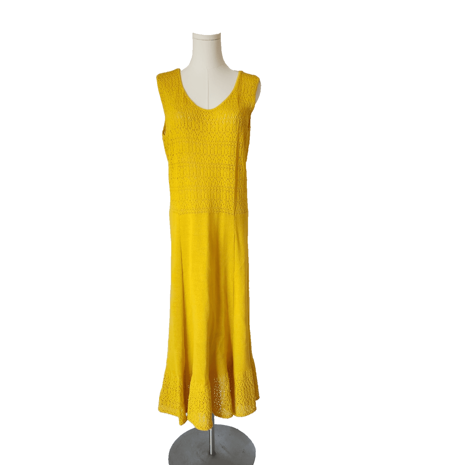Vintage Made in USA Wool Blend Crochet Knit Midi Dress Sleeveless Yellow Sz.16 - Thumbnail 2