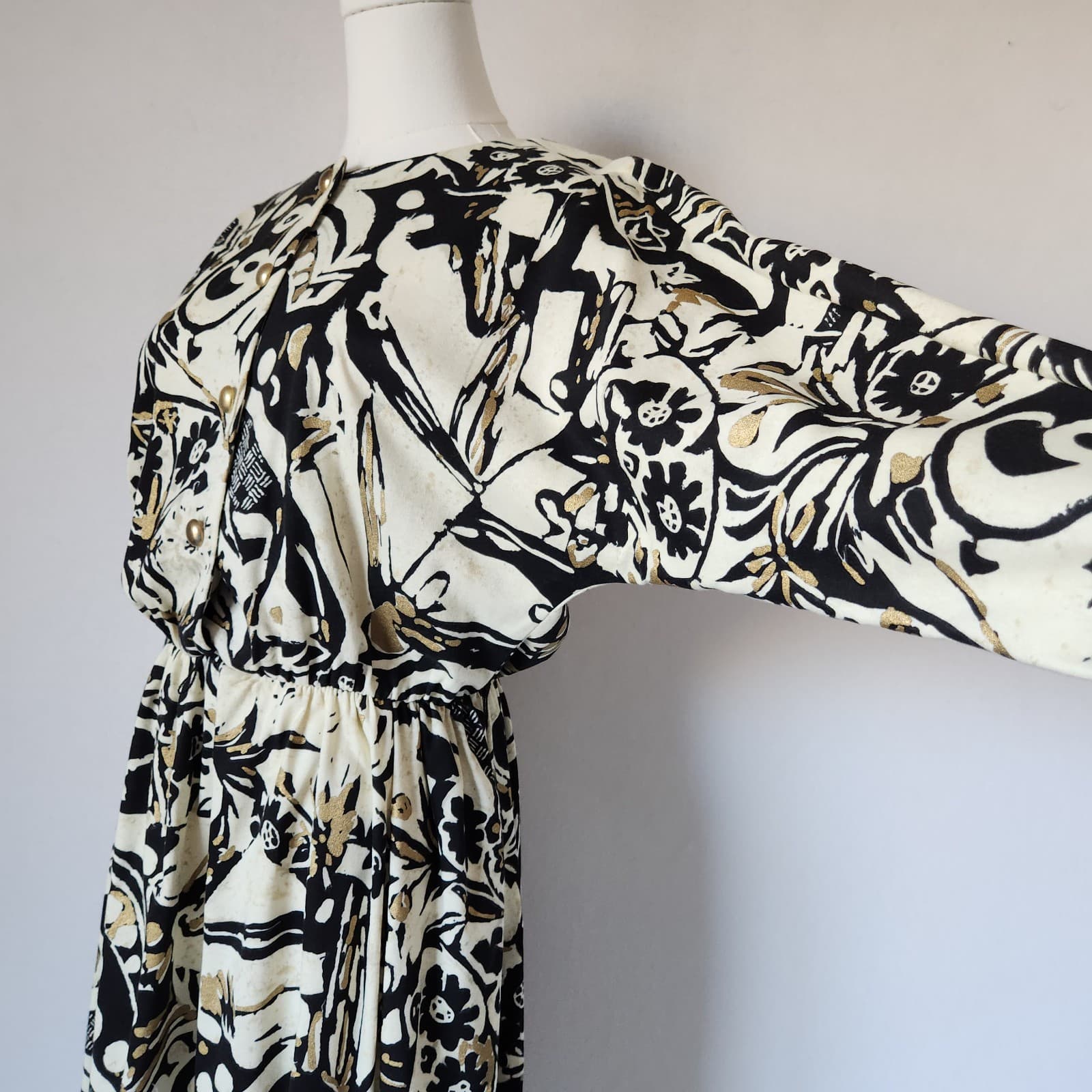 Vintage Sabino Made in USA Midi Dress Long Sleeve Geo-Printed Black Beige Sz.10 - Thumbnail 4