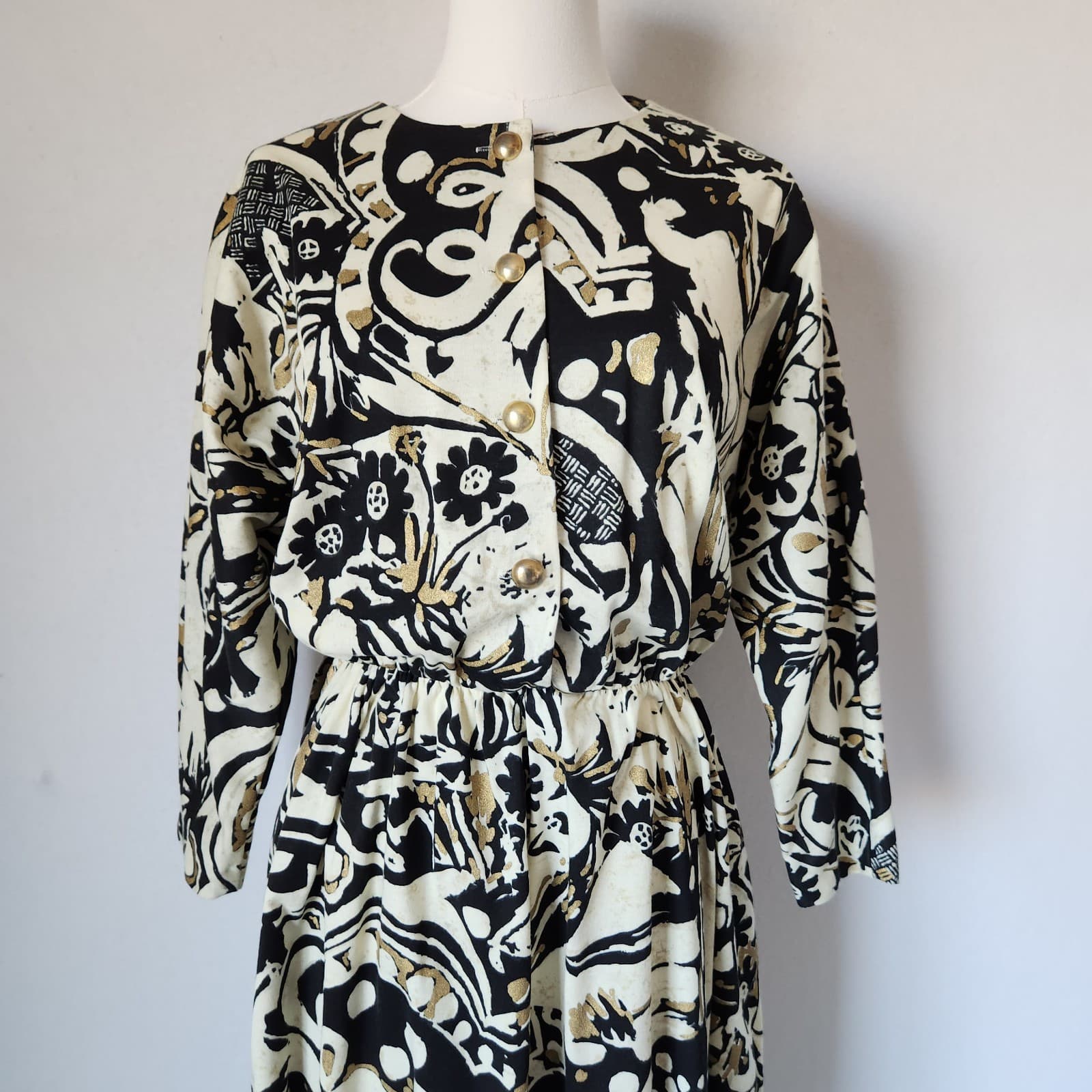 Vintage Sabino Made in USA Midi Dress Long Sleeve Geo-Printed Black Beige Sz.10 - Thumbnail 2