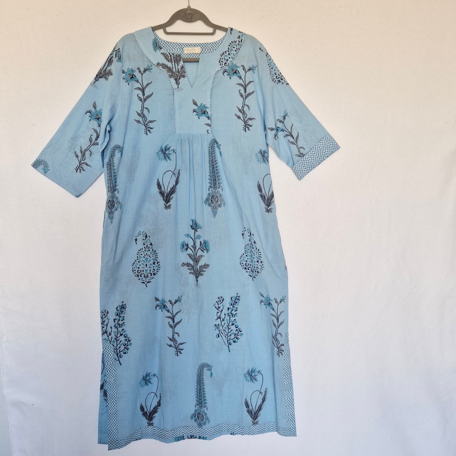 NWoT NoLoGo Heart & Soul Block Printed Cotton Kaftan Maxi Dress Pocket Blue M/L - Thumbnail 3