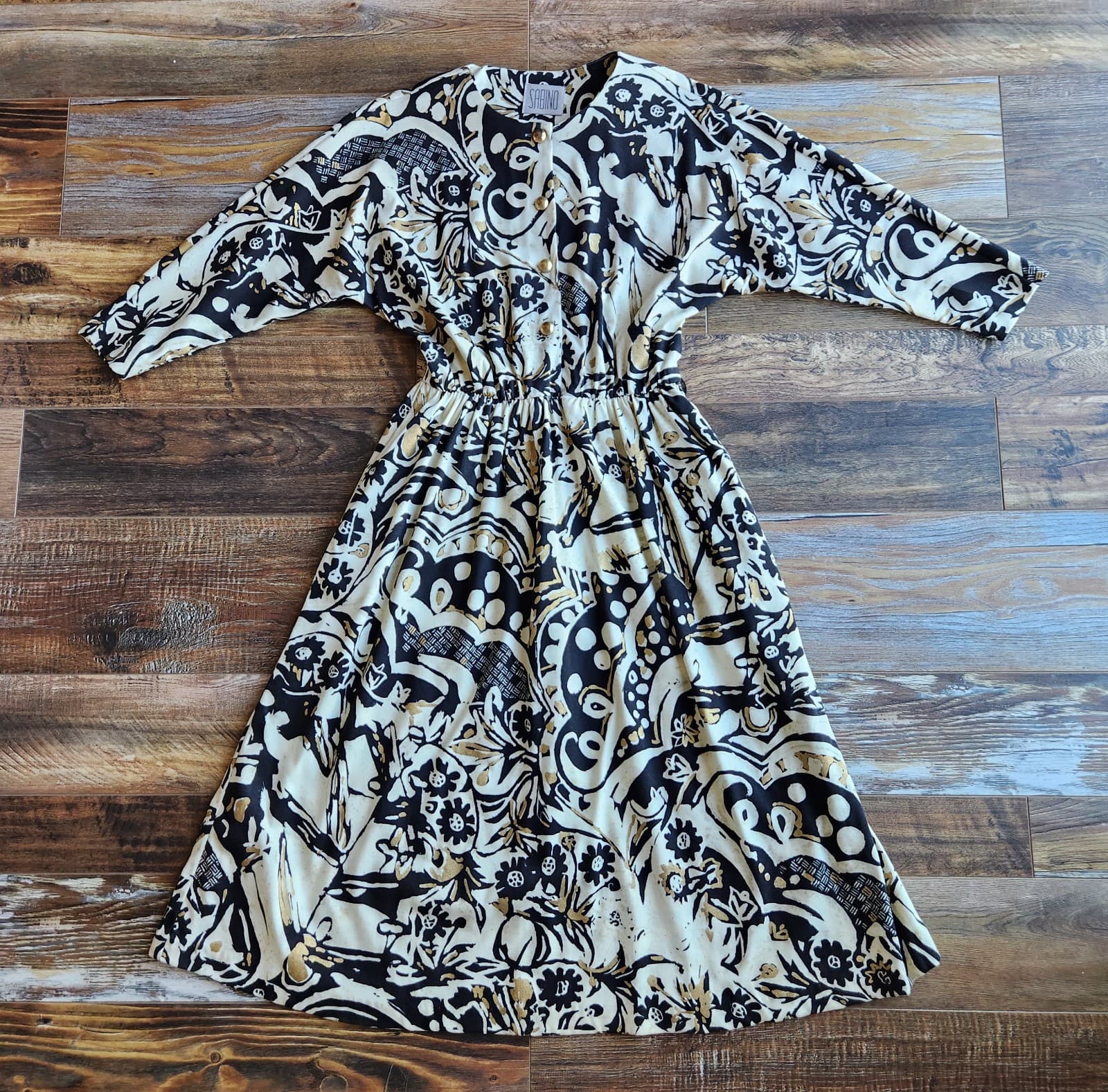 Vintage Sabino Made in USA Midi Dress Long Sleeve Geo-Printed Black Beige Sz.10 - Thumbnail 7