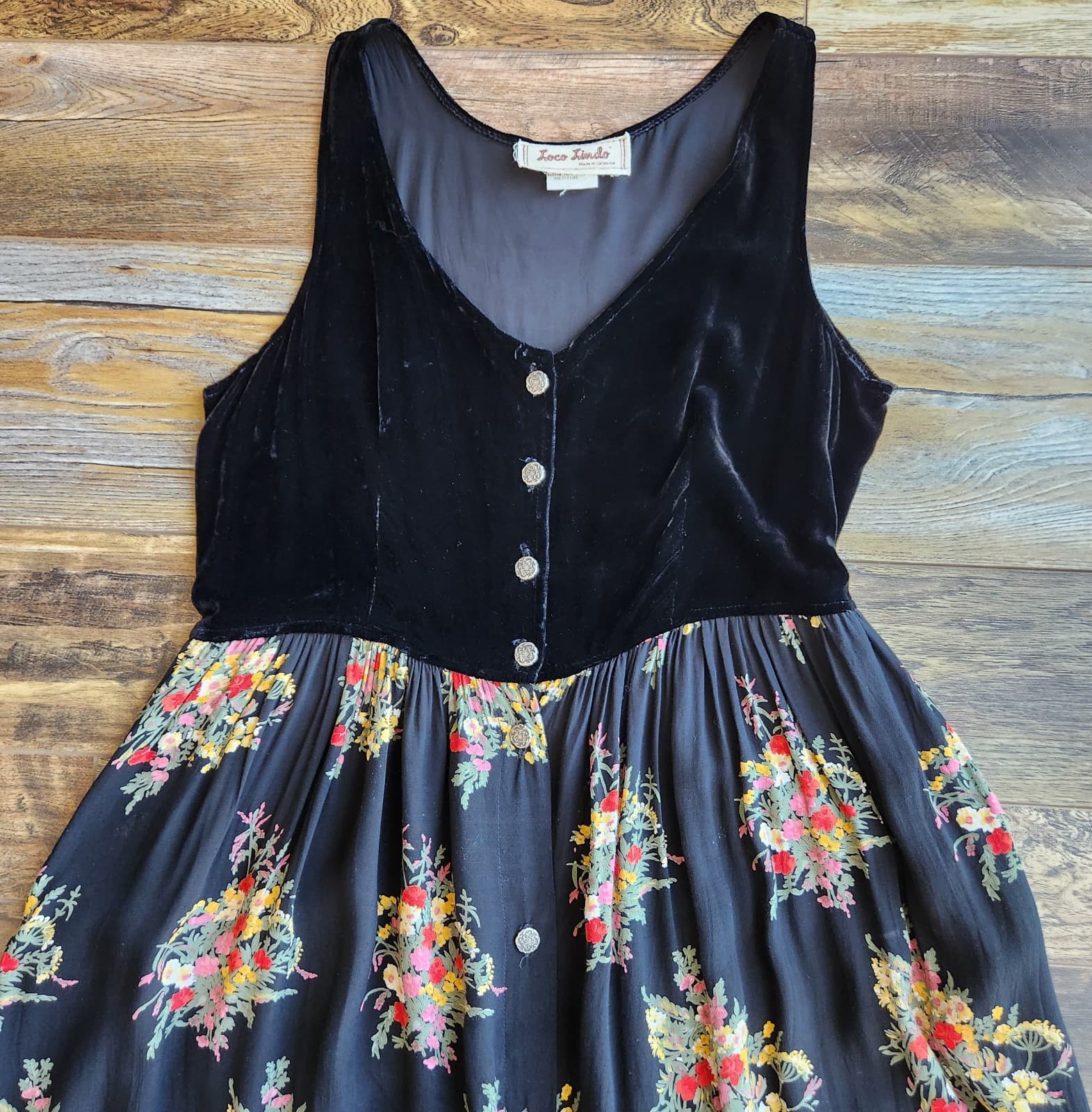 Vintage Loco Lindo Floral Velvet Cottagecore Maxi Dress Silk Rayon Black Sz.M - Thumbnail 10