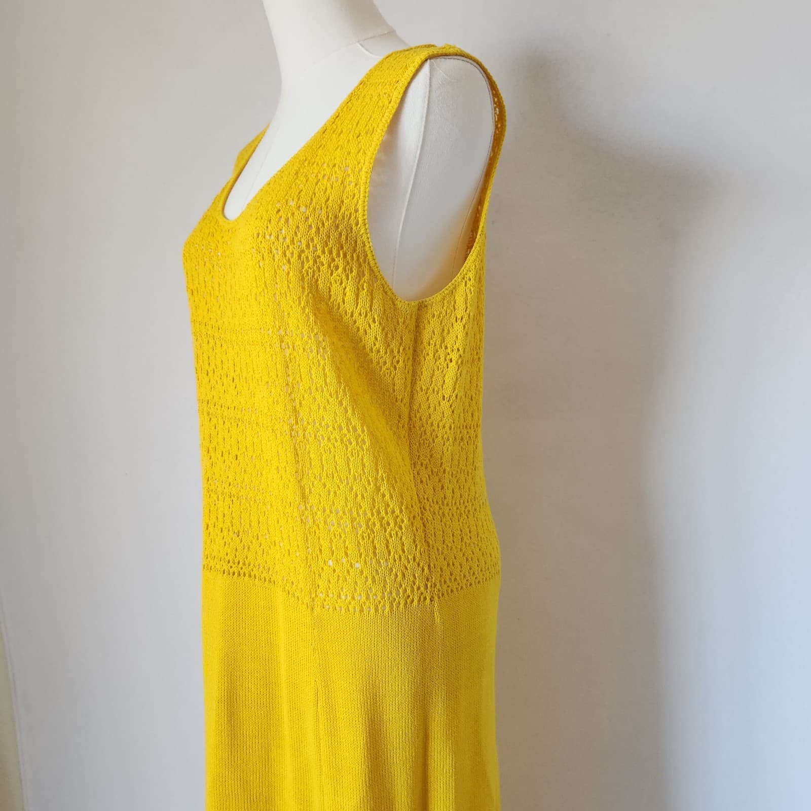 Vintage Made in USA Wool Blend Crochet Knit Midi Dress Sleeveless Yellow Sz.16 - Thumbnail 5