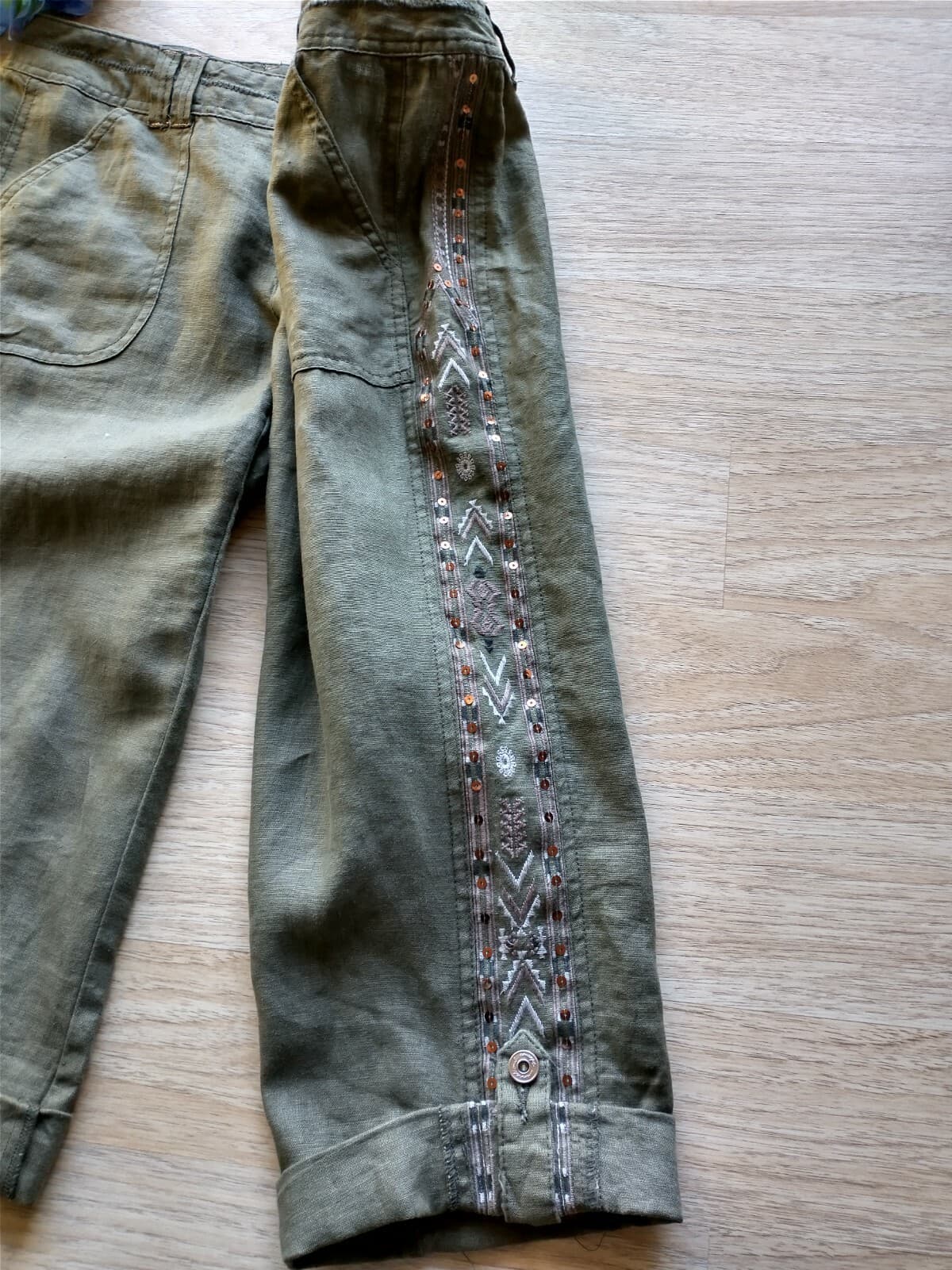 International Concepts Women 100%Linen Embroidered Crop Pants Olive Green Sz.4 - Thumbnail 4