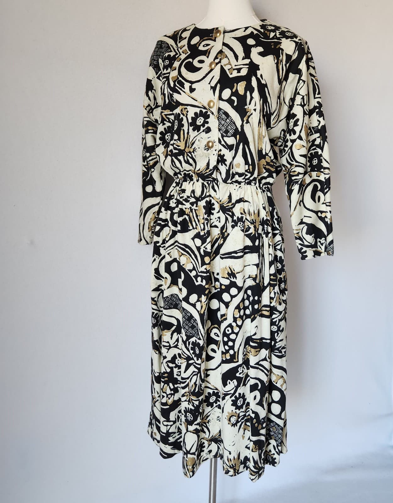Vintage Sabino Made in USA Midi Dress Long Sleeve Geo-Printed Black Beige Sz.10 - Thumbnail 3