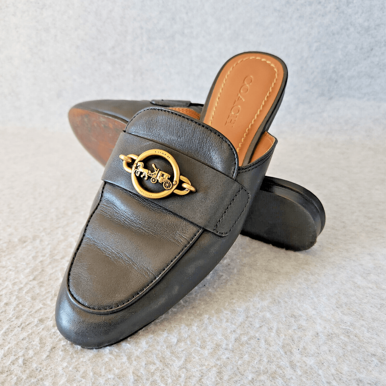 Coach Scotty Black Leather Slide-On Mule Flat Gold Carriage Chainlink Women US7B - Thumbnail 2