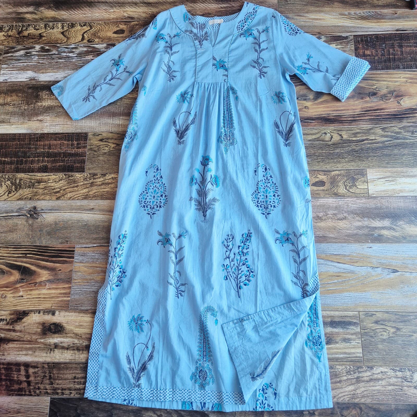 NWoT NoLoGo Heart & Soul Block Printed Cotton Kaftan Maxi Dress Pocket Blue M/L - Thumbnail 4