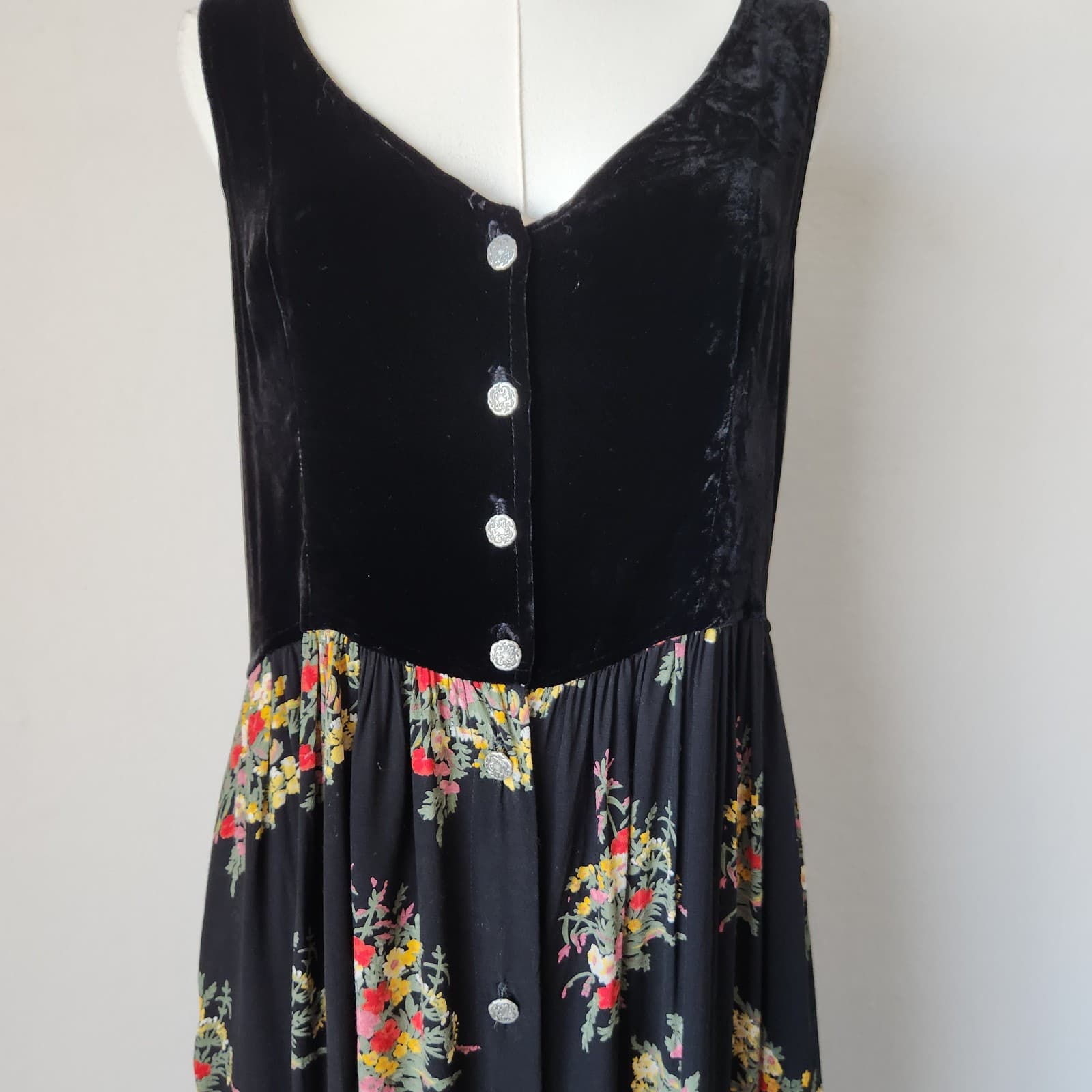 Vintage Loco Lindo Floral Velvet Cottagecore Maxi Dress Silk Rayon Black Sz.M - Thumbnail 2