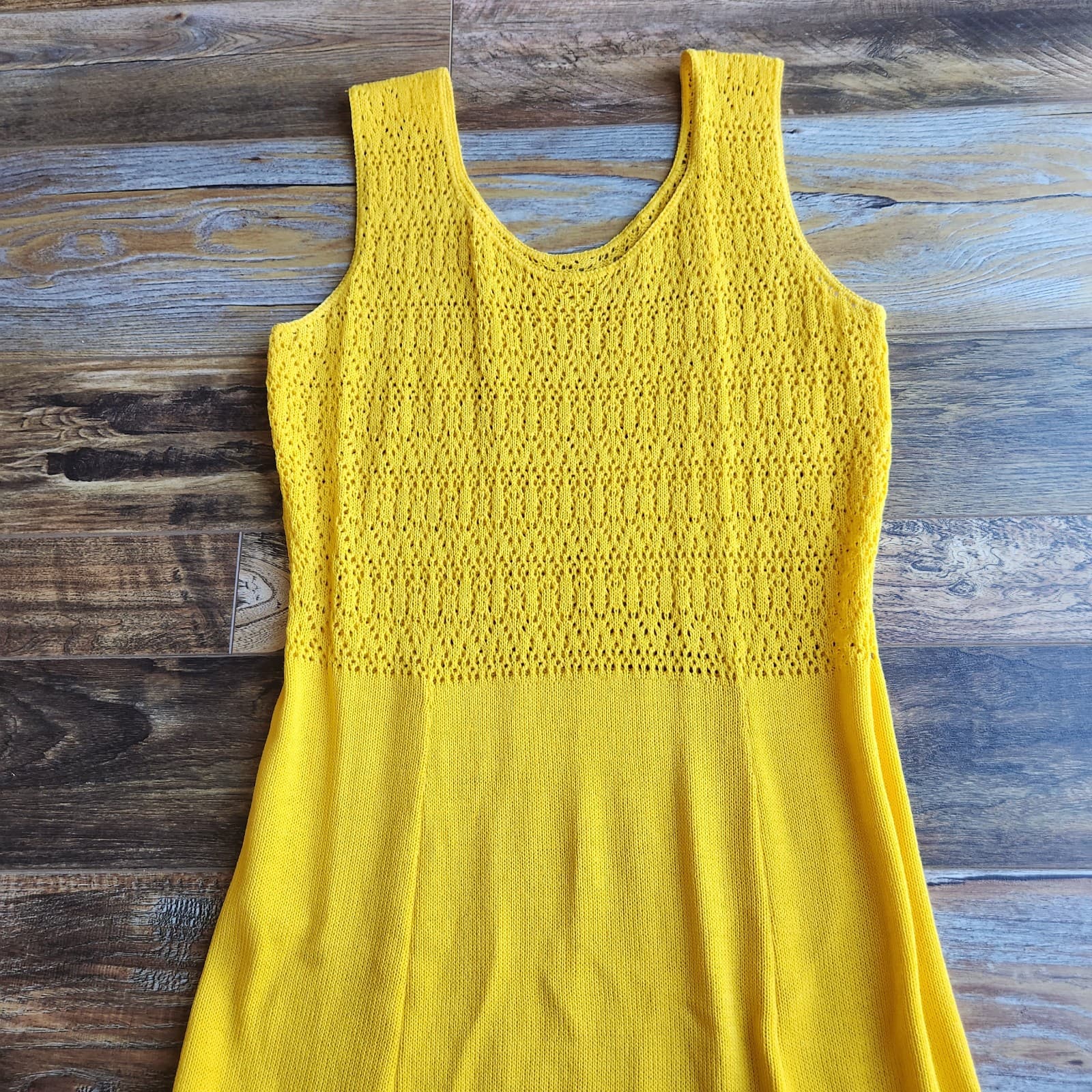Vintage Made in USA Wool Blend Crochet Knit Midi Dress Sleeveless Yellow Sz.16 - Thumbnail 8