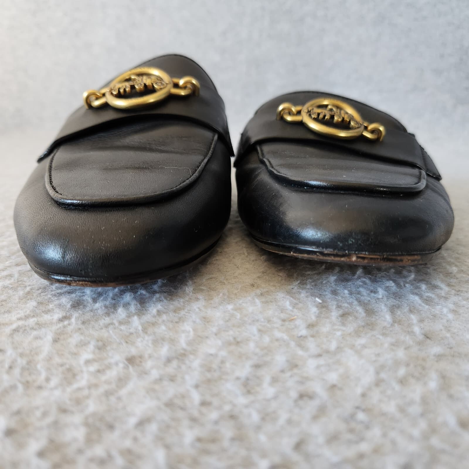Coach Scotty Black Leather Slide-On Mule Flat Gold Carriage Chainlink Women US7B - Thumbnail 10